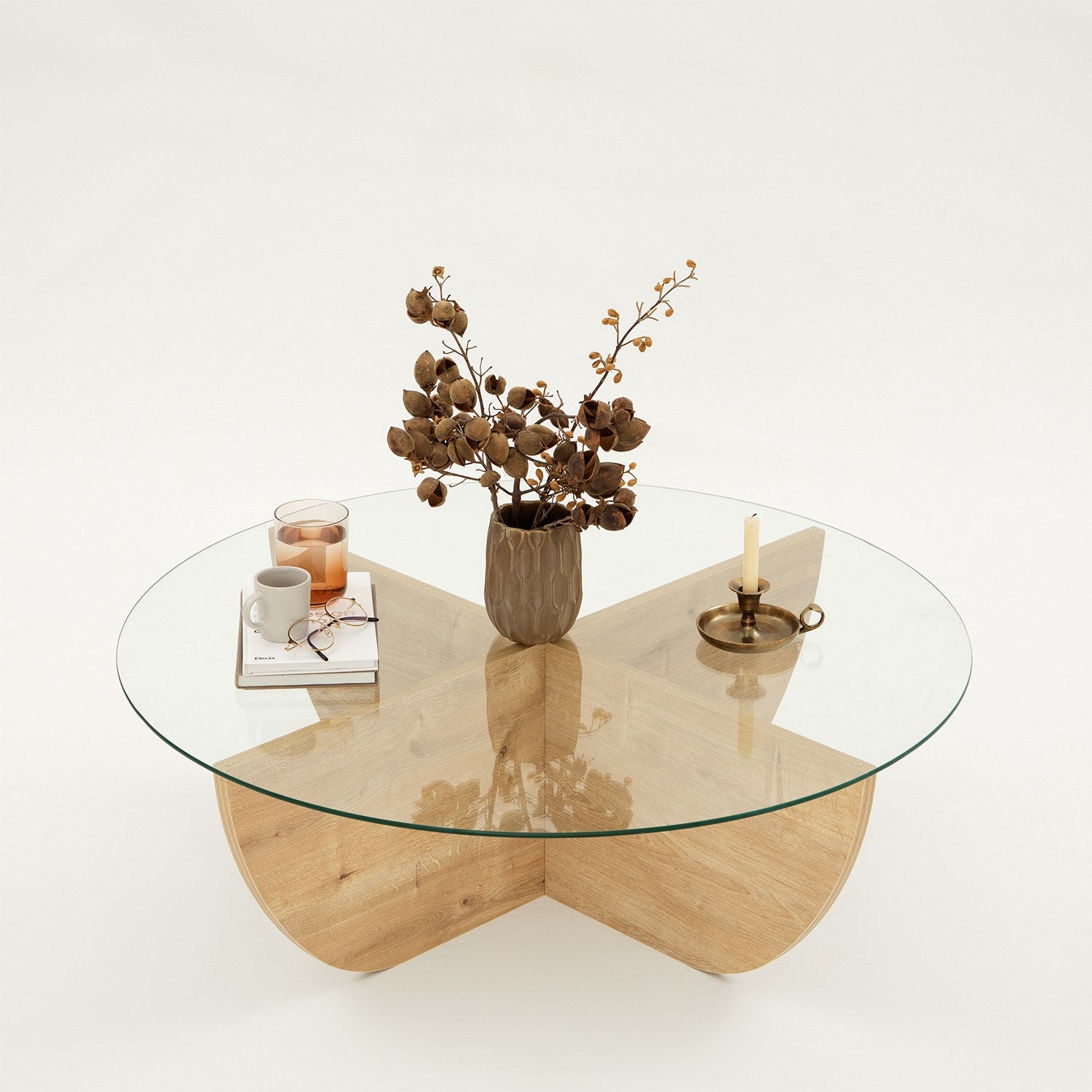 Mesa de Centro em Carvalho Safira, 90 x 30 x 90 cm | Tampo 100% em Vidro Temperado, Estrutura com Revestimento em Melamina de 18 mm | Elegante e Durável para Espaços Modernos