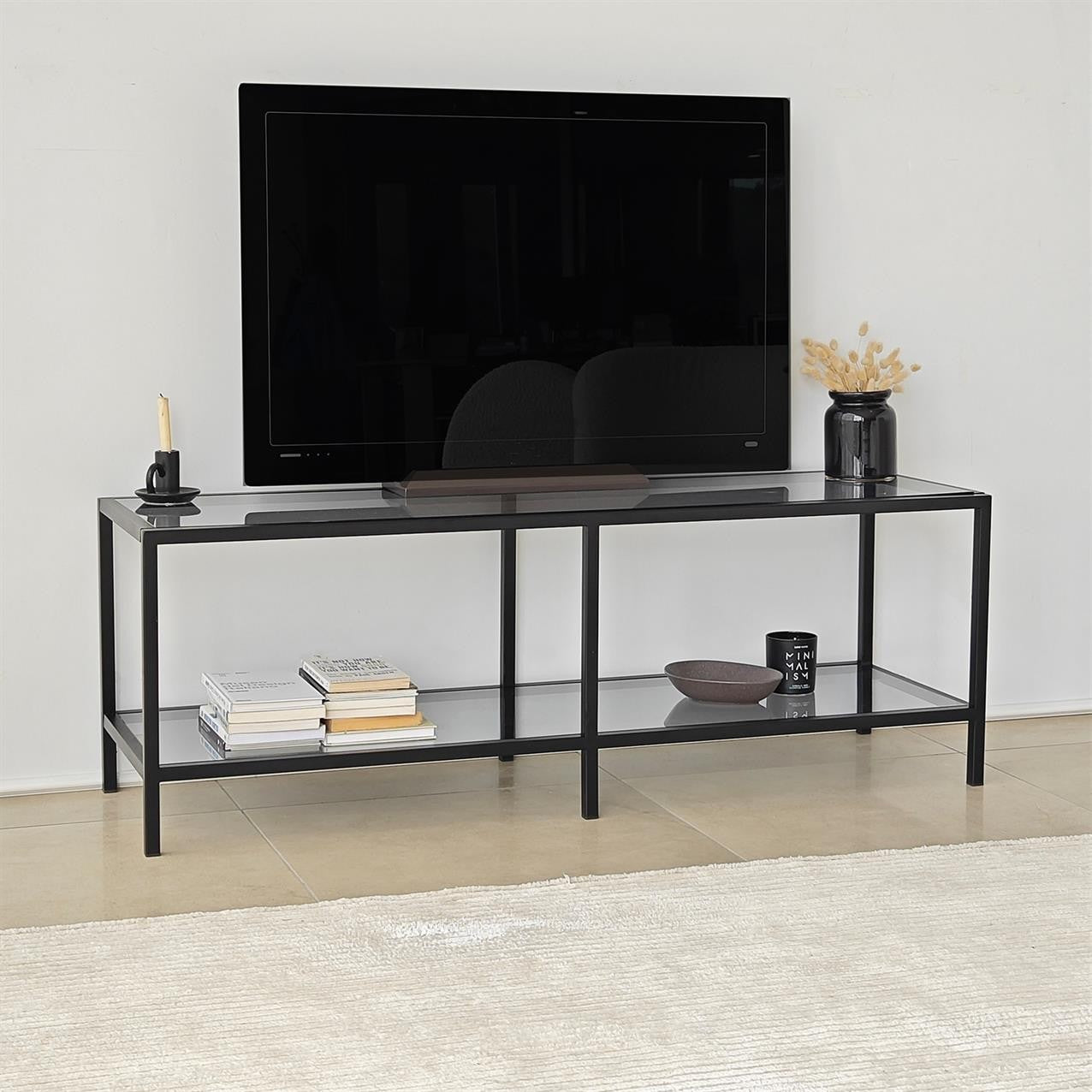 Móvel de TV estiloso, 130 cm, cinza escuro e preto | 100% vidro temperado e estrutura de metal | Desmontado para fácil montagem | Perfeito para salas de estar modernas