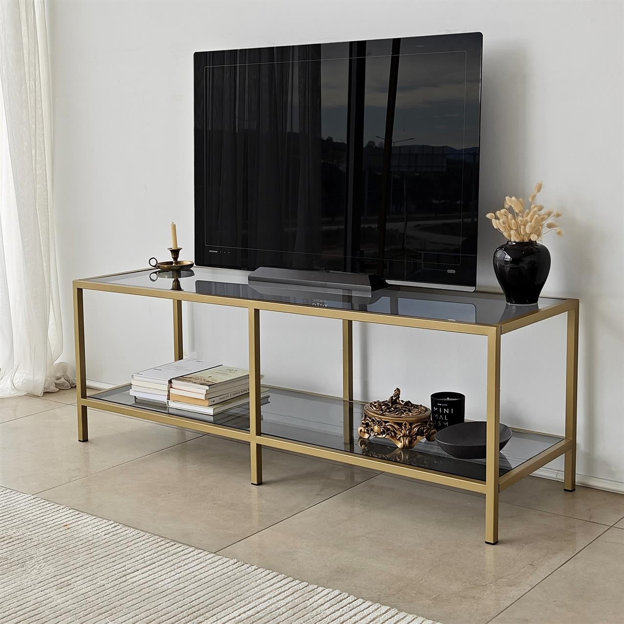 Móvel de TV elegante com estrutura de vidro temperado 100% e metal, cinza escuro e dourado, 130 x 45 x 40 cm | Design moderno, desmontável para fácil montagem
