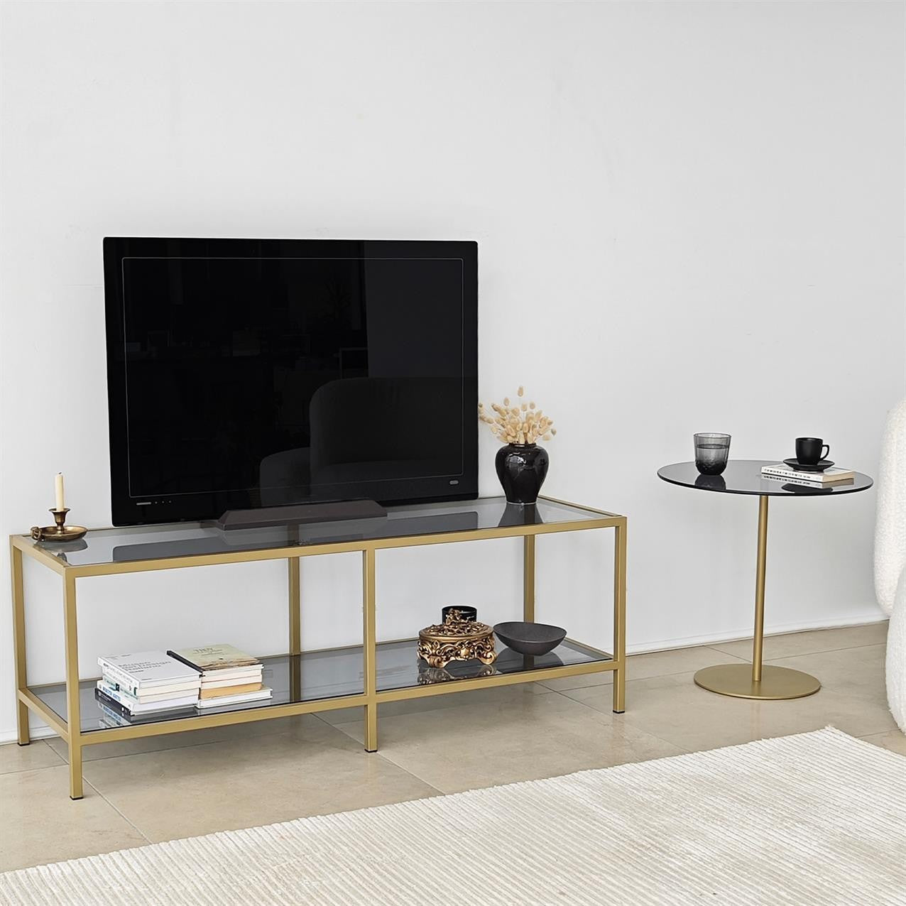 Móvel de TV elegante com estrutura de vidro temperado 100% e metal, cinza escuro e dourado, 130 x 45 x 40 cm | Design moderno, desmontável para fácil montagem