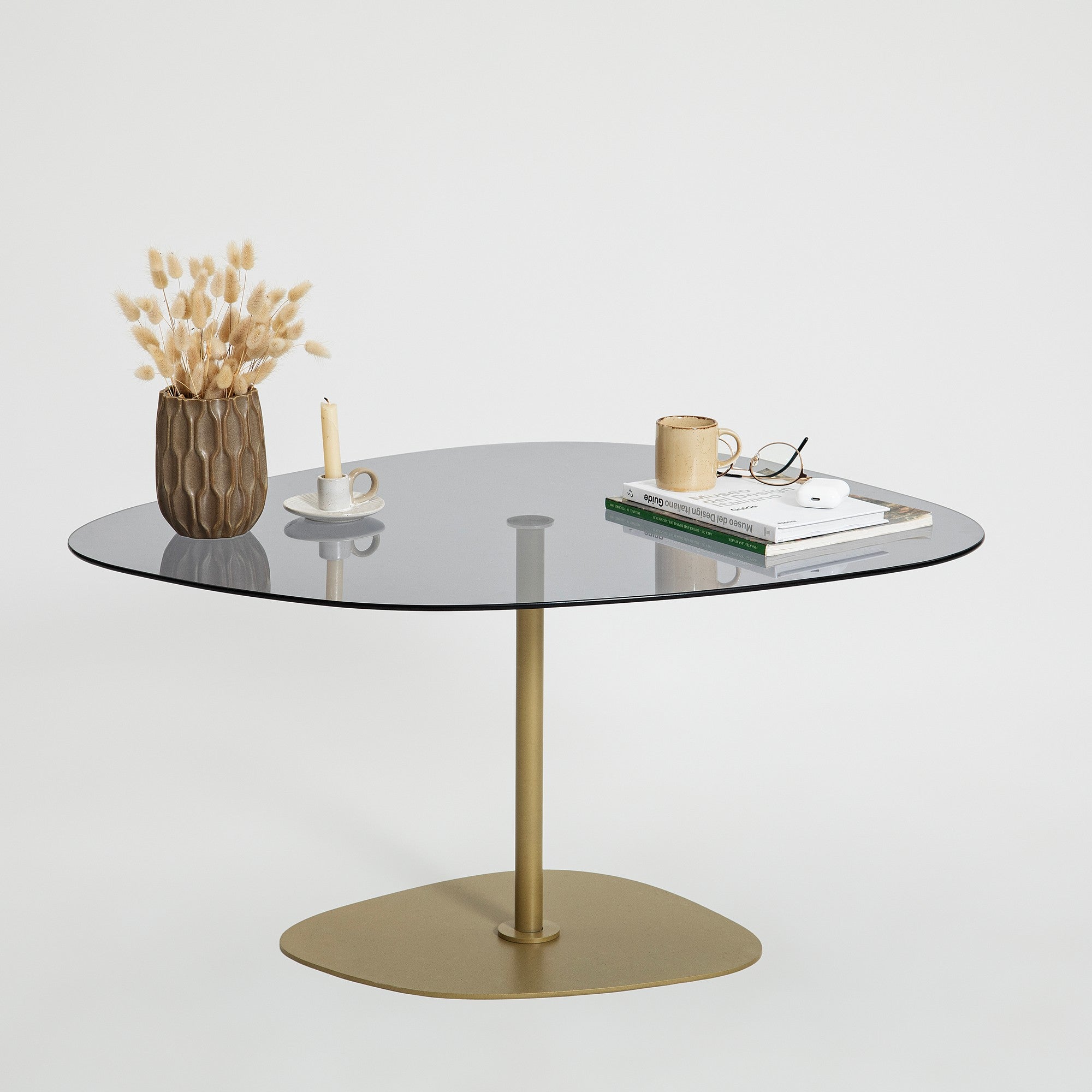 Mesa de Centro Elegante com Tampo de Vidro Temperado, Cinza Escuro e Dourado, 85 x 67 x 40 cm | Pernas de Metal Resistente, Desmontável para Fácil Montagem | Elegância Moderna
