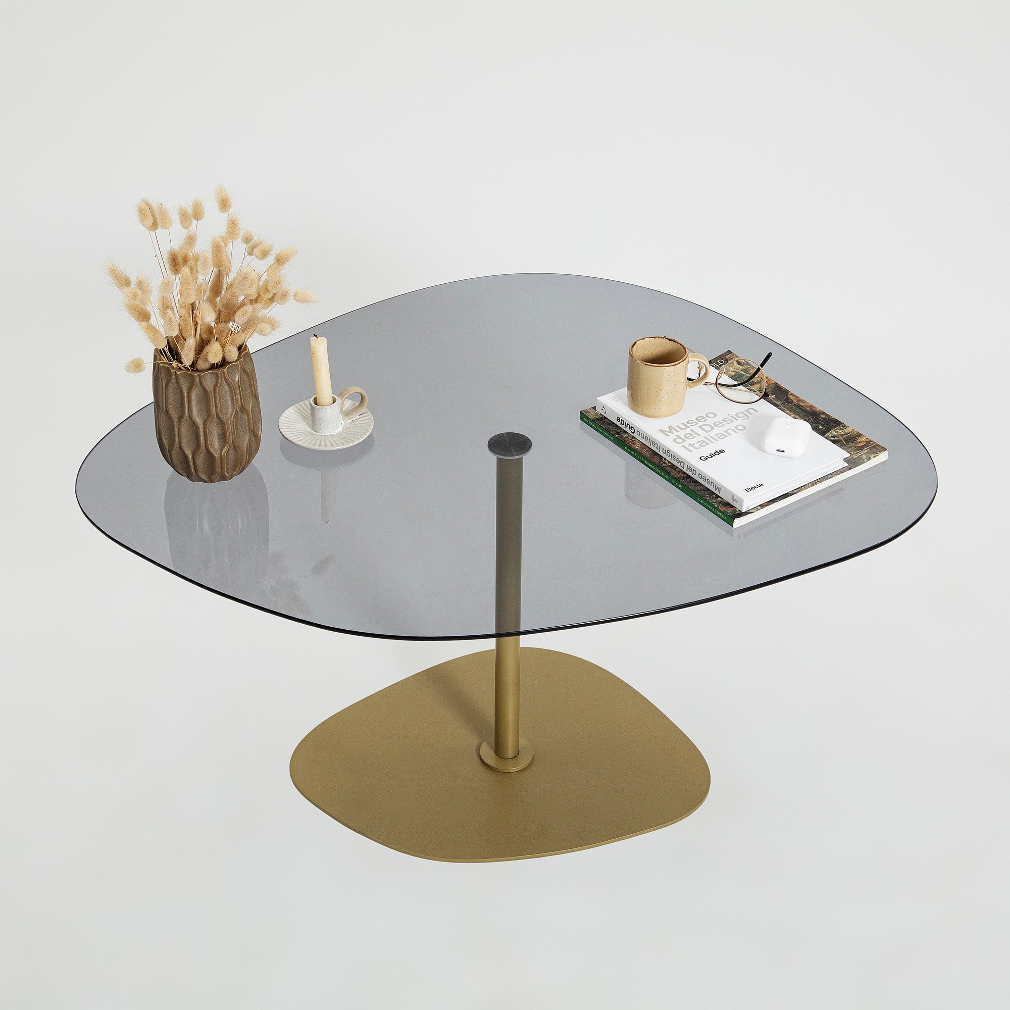 Mesa de Centro Elegante com Tampo de Vidro Temperado, Cinza Escuro e Dourado, 85 x 67 x 40 cm | Pernas de Metal Resistente, Desmontável para Fácil Montagem | Elegância Moderna
