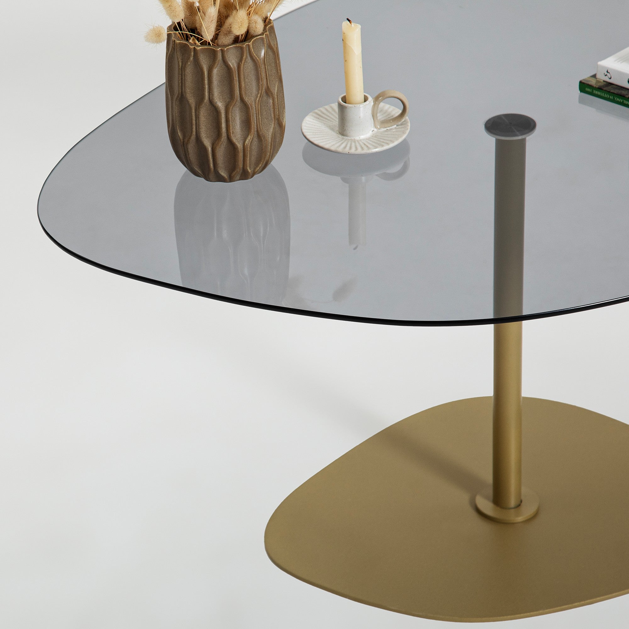 Mesa de Centro Elegante com Tampo de Vidro Temperado, Cinza Escuro e Dourado, 85 x 67 x 40 cm | Pernas de Metal Resistente, Desmontável para Fácil Montagem | Elegância Moderna
