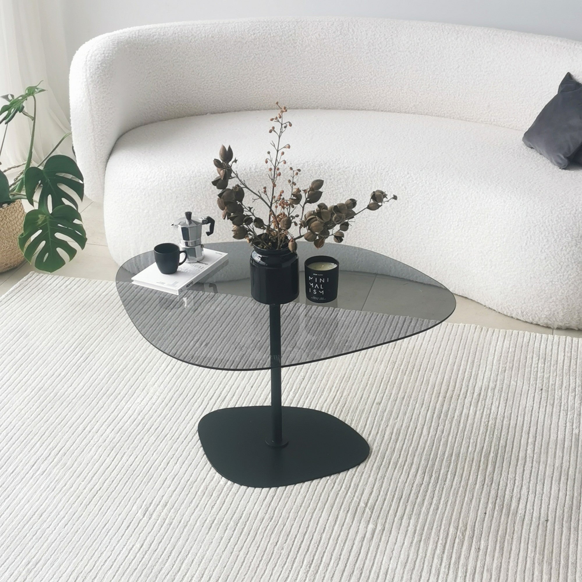 Mesa de centro elegante com tampo 100% de vidro temperado, cinza escuro e preto, 85 x 67 x 40 cm | Pernas de metal resistentes, desmontável para fácil montagem | Design moderno