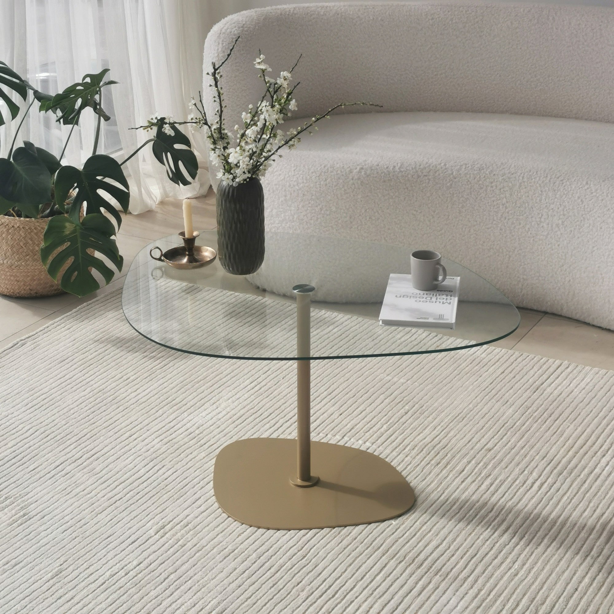 Mesa de Centro Elegante com Tampo de Vidro Temperado, 85 x 67 x 40 cm, Pés de Metal, Acabamento Transparente e Dourado | Design Moderno e Elegante para Sala de Estar