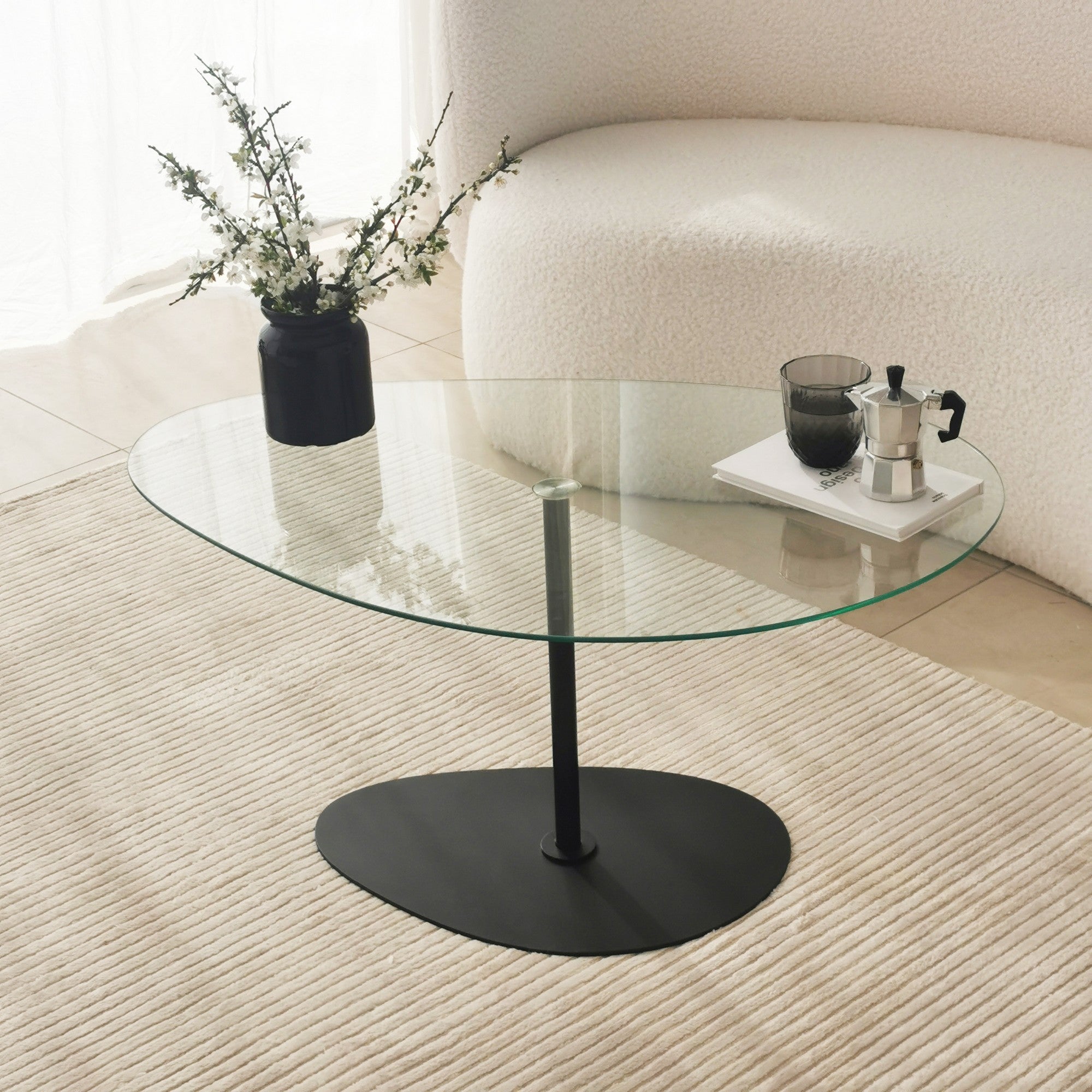 Mesa de Centro Elegante com Tampo de Vidro Temperado, 90 x 60 x 40 cm | Pernas de Metal, Desmontada | Design Elegante Transparente e Preto para Espaços Modernos