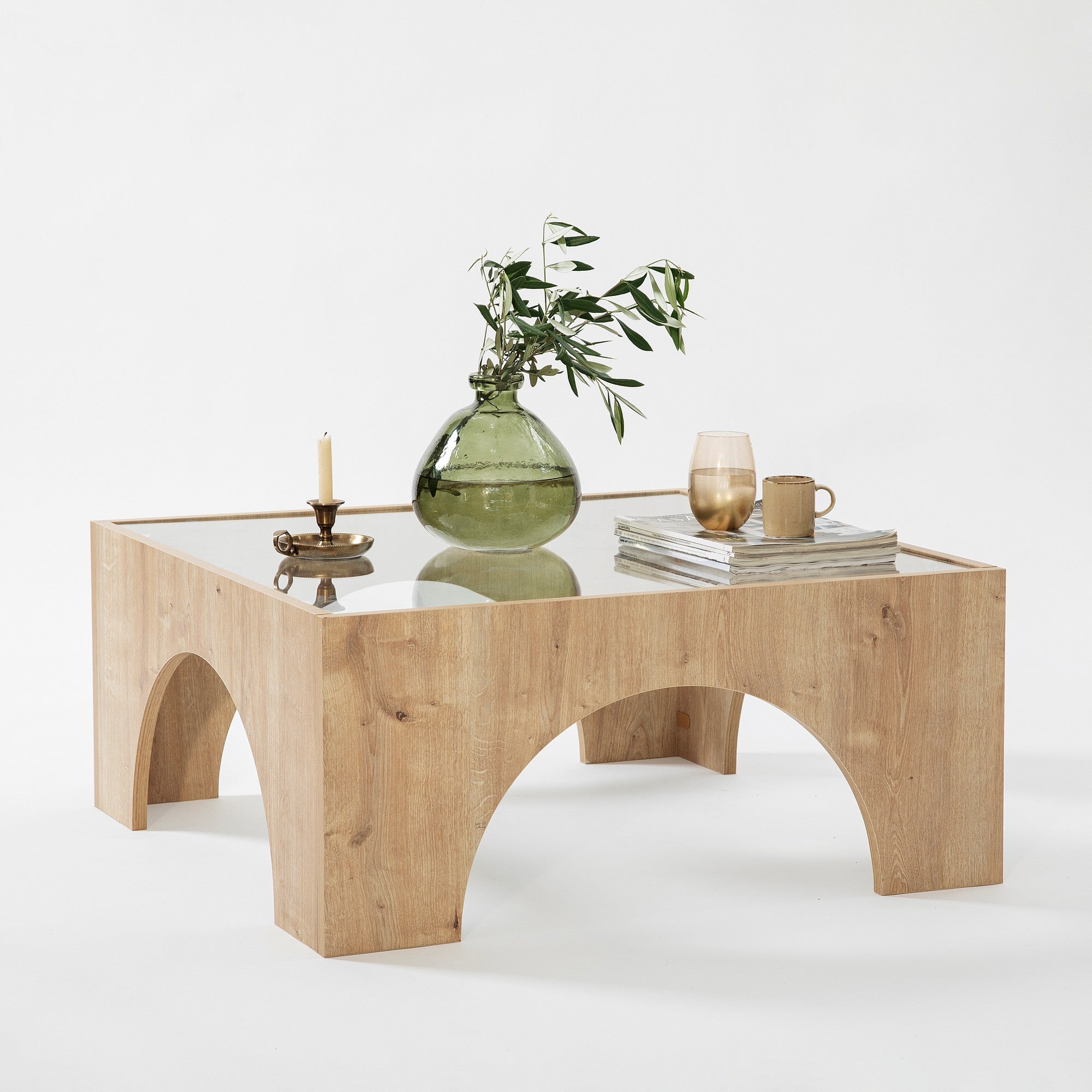 Mesa de Centro Elegante, 80 x 80 x 35 cm | 100% Vidro Temperado e Aglomerado Revestido em Melamina | Carvalho e Transparente | Desmontável, Fácil Montagem, Design Moderno