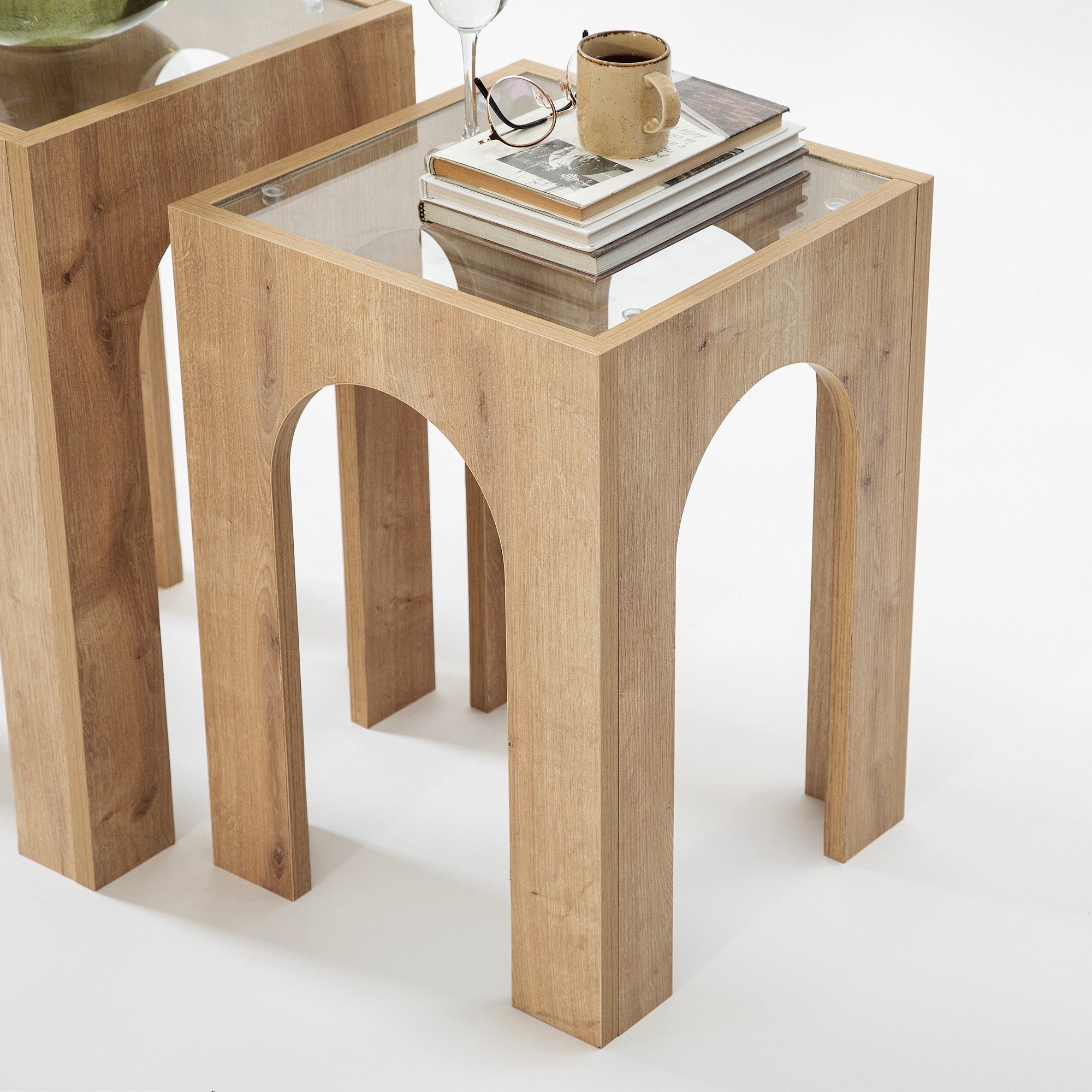 Conjunto de Mesa de Centro Elegante (2 Peças), Carvalho e Transparente, 35 x 50/55 cm | 100% Vidro Temperado, Aglomerado Melamínico de 18 mm | Design Moderno para Sala de Estar