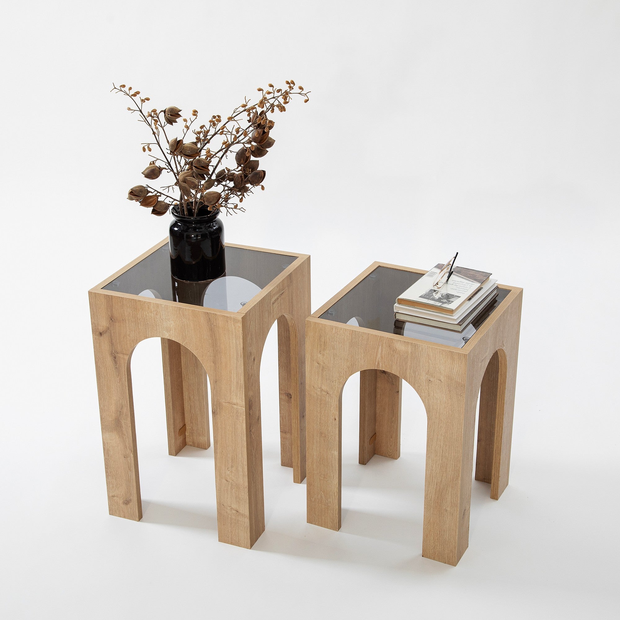 Conjunto de mesa de centro elegante (2 peças), cinza escuro e carvalho, 35 x 50/55 cm | 100% vidro temperado e aglomerado revestido de melamina | Design moderno, fácil montagem