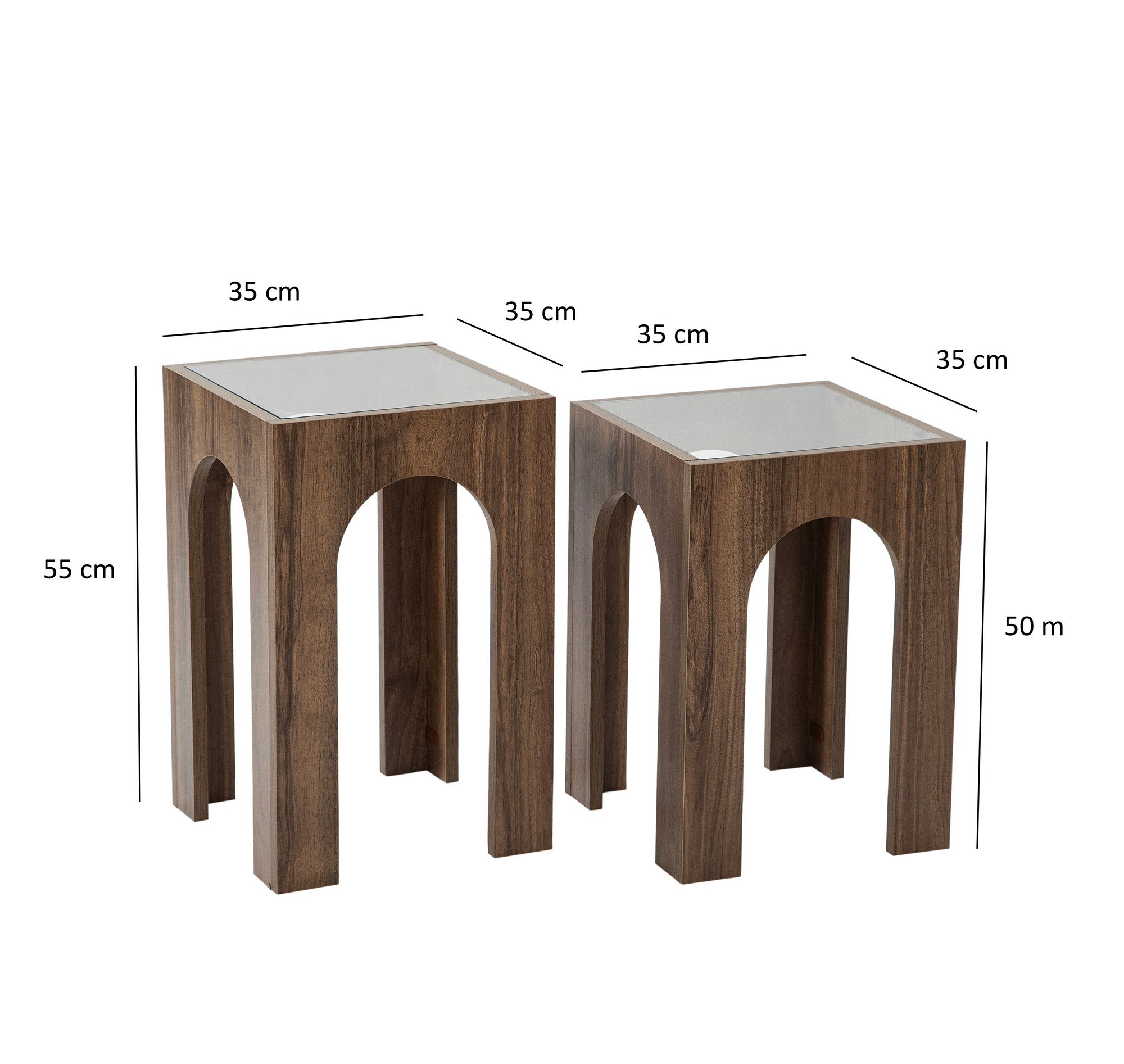 Conjunto de mesa de centro elegante (2 peças), transparente e nogueira, 35 x 50/55 cm | 100% vidro temperado e aglomerado revestido de melamina | Design moderno, fácil montagem