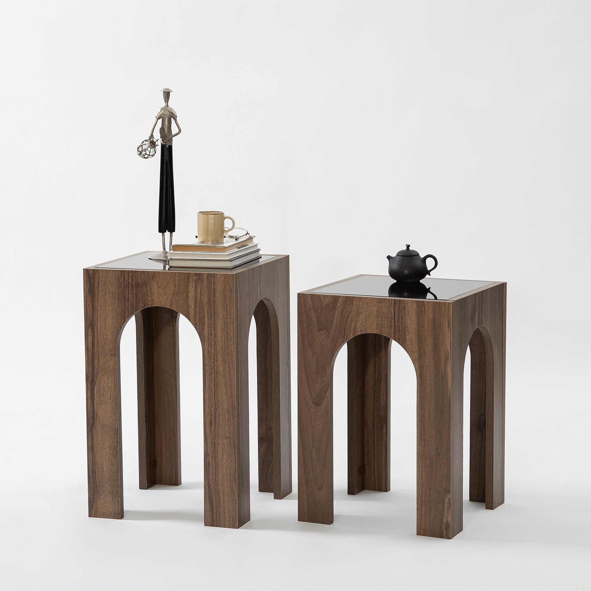 Conjunto de mesa de centro elegante (2 peças), nogueira e cinza escuro, 35 x 50/55 cm | 100% vidro temperado, aglomerado revestido de melamina de 18 mm | Design moderno e elegante