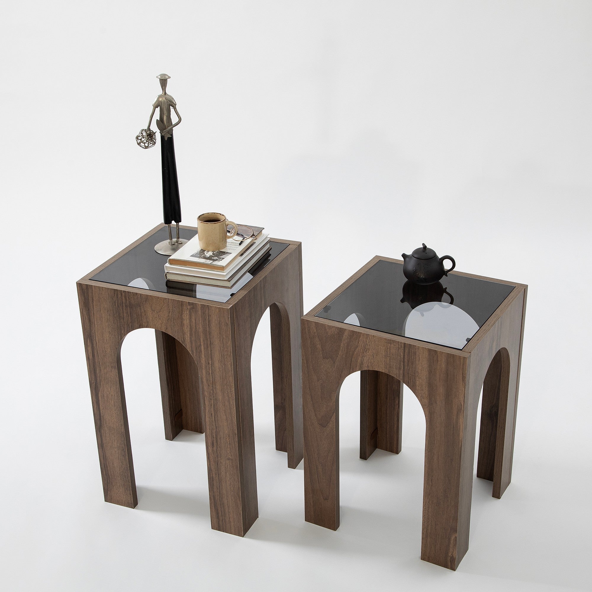 Conjunto de mesa de centro elegante (2 peças), nogueira e cinza escuro, 35 x 50/55 cm | 100% vidro temperado, aglomerado revestido de melamina de 18 mm | Design moderno e elegante