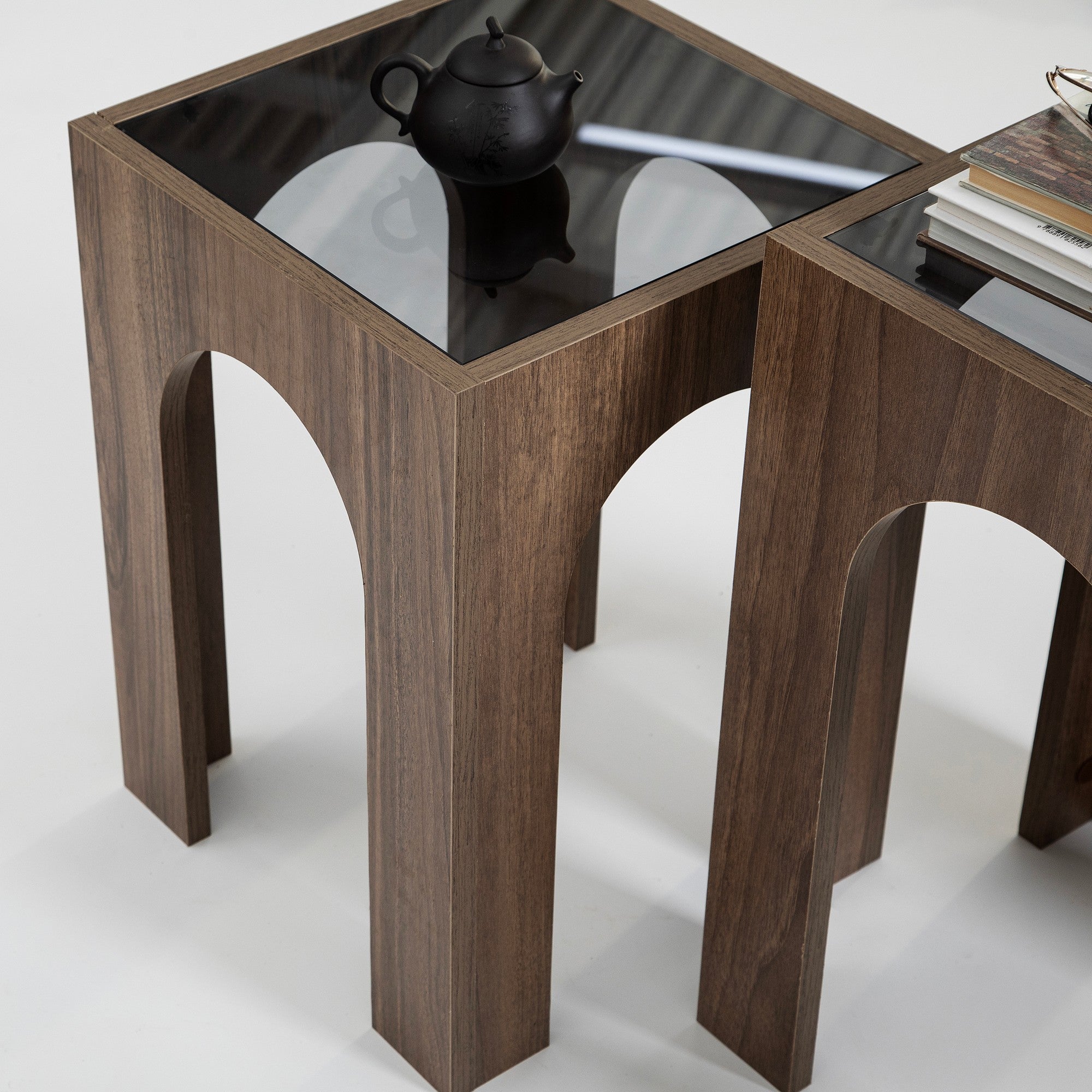 Conjunto de mesa de centro elegante (2 peças), nogueira e cinza escuro, 35 x 50/55 cm | 100% vidro temperado, aglomerado revestido de melamina de 18 mm | Design moderno e elegante