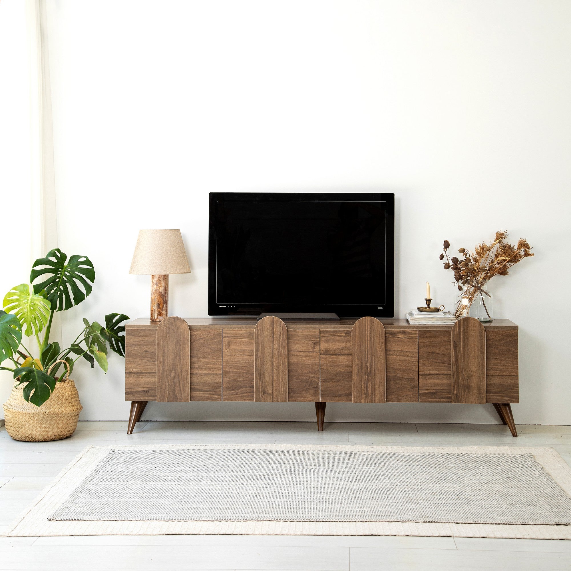 Móvel de TV elegante em nogueira, 180 cm x 50 cm x 35 cm | Aglomerado 100% revestido em melamina, 18 mm de espessura, bordas em PVC | Design moderno para sala de estar
