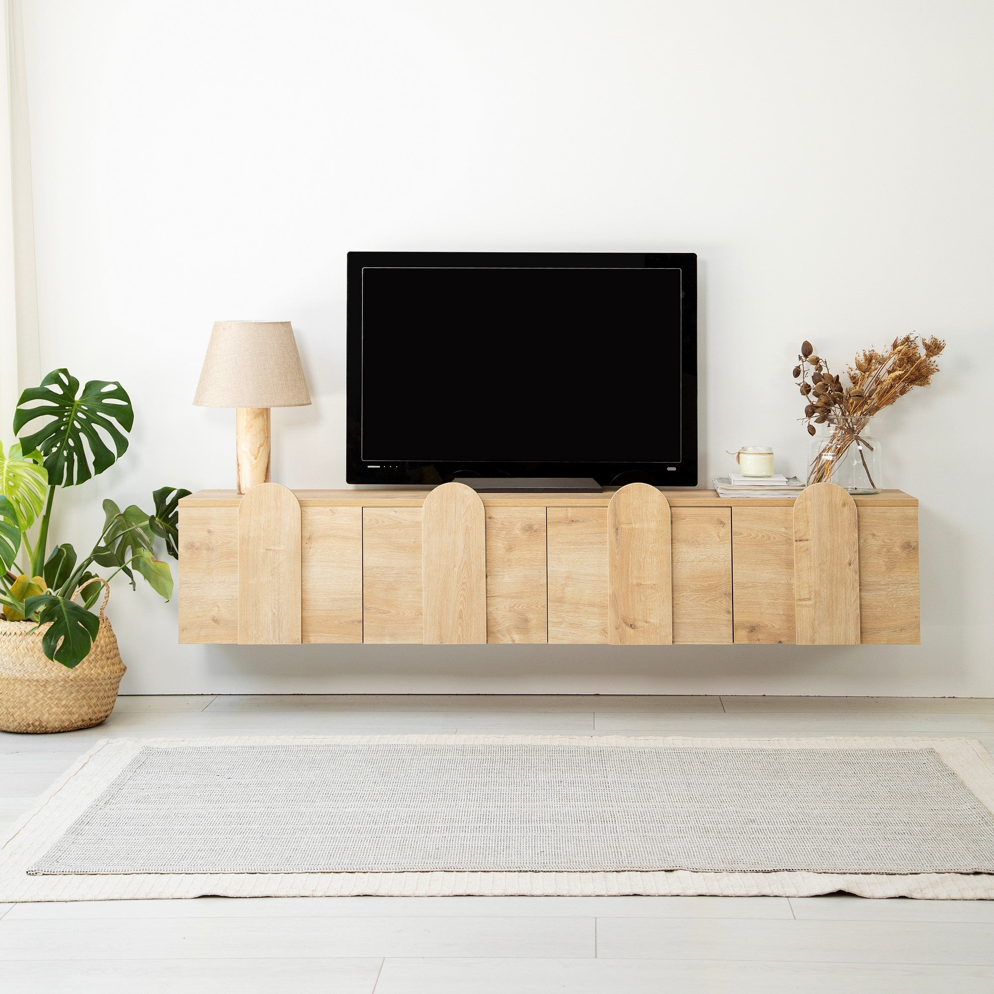 Móvel de TV elegante em carvalho, 180 cm de largura, 35 cm de altura, 35 cm de profundidade | Aglomerado 100% revestido em melamina, 18 mm de espessura | Design moderno, fácil montagem, durável