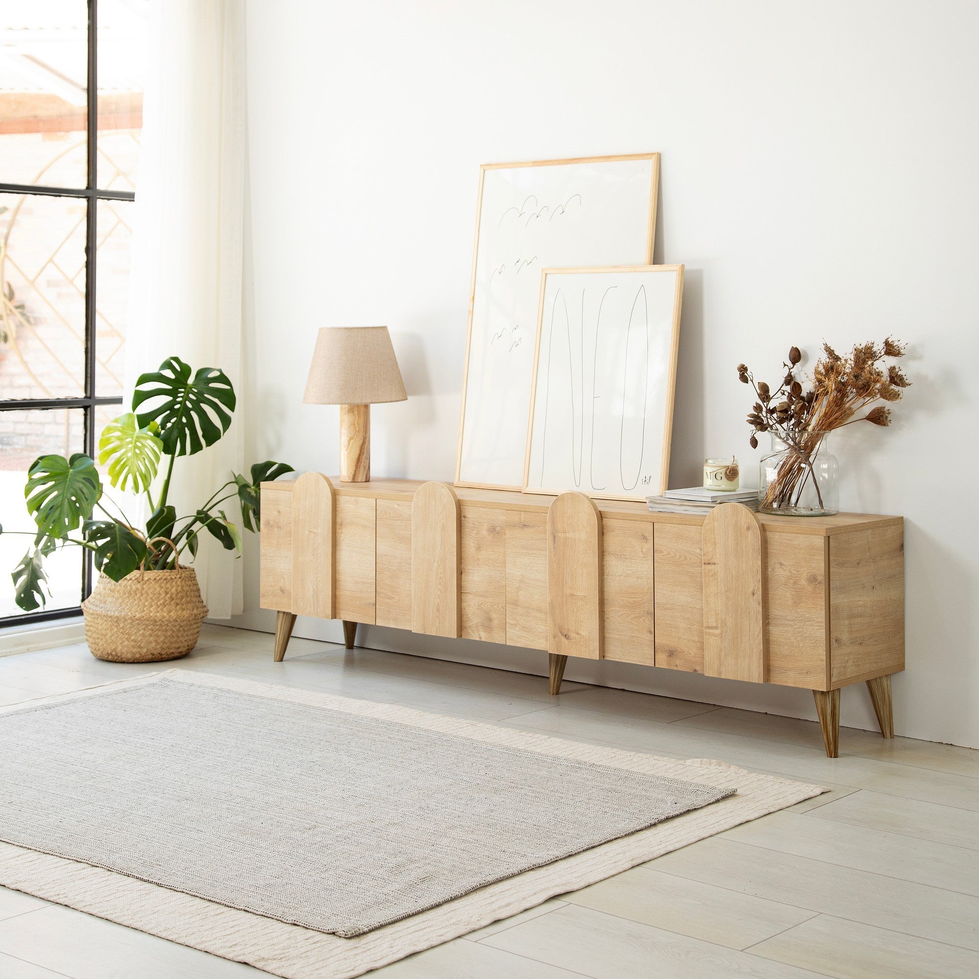 Móvel de TV elegante em carvalho, 180 cm de largura, 50 cm de altura, 35 cm de profundidade | Aglomerado 100% revestido em melamina, 18 mm de espessura | Desmontado para fácil montagem, design moderno