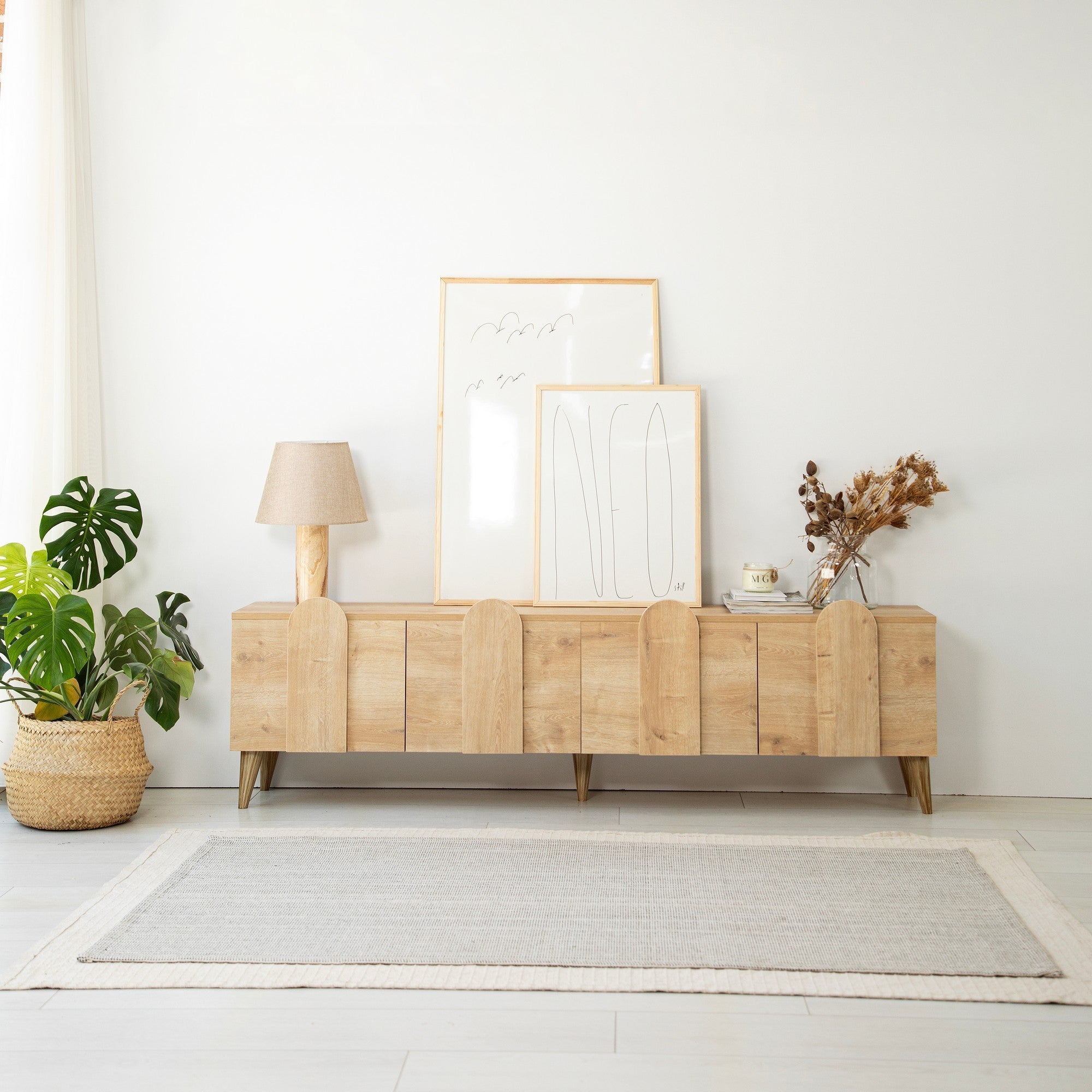 Móvel de TV elegante em carvalho, 180 cm de largura, 50 cm de altura, 35 cm de profundidade | Aglomerado 100% revestido em melamina, 18 mm de espessura | Desmontado para fácil montagem, design moderno