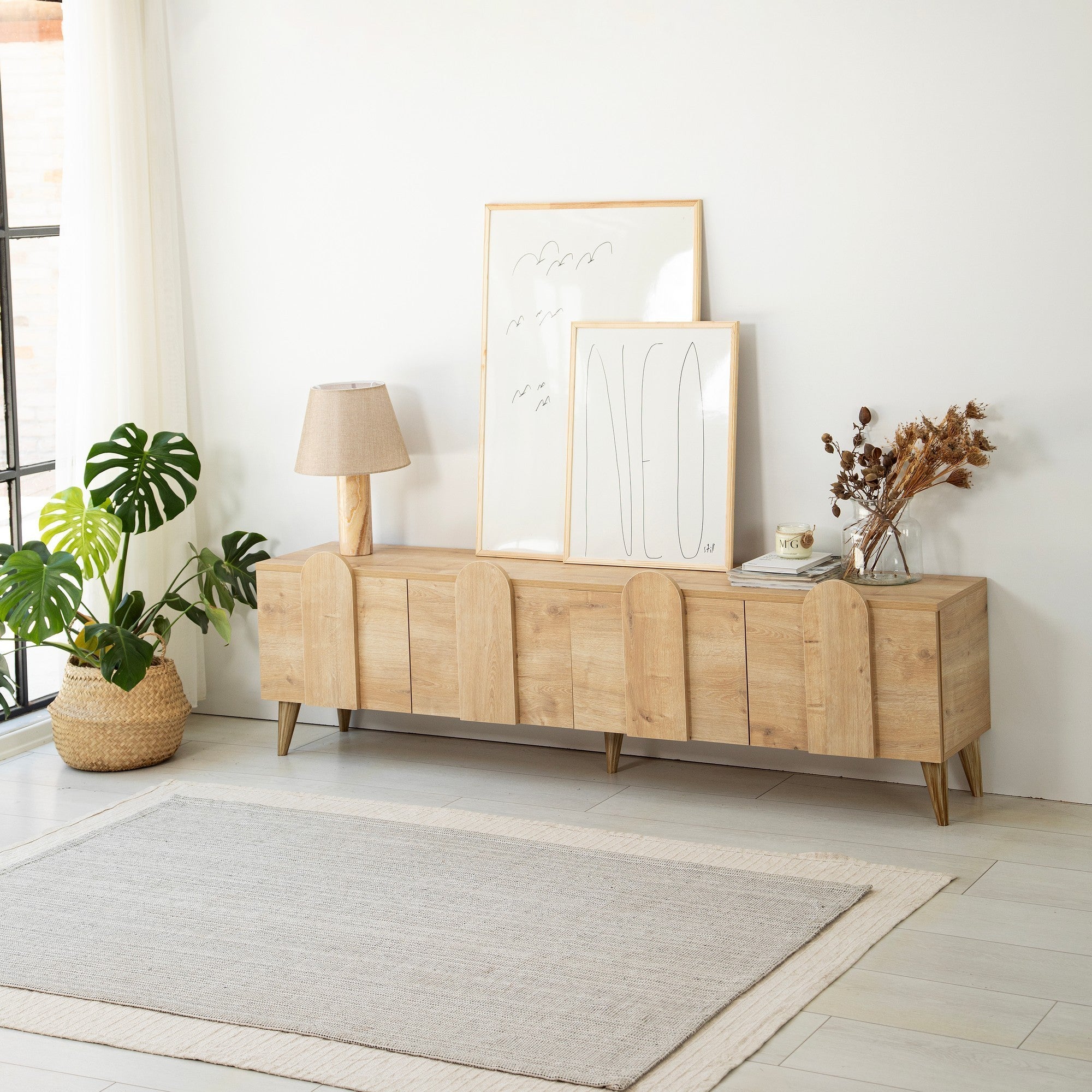 Móvel de TV elegante em carvalho, 180 cm de largura, 50 cm de altura, 35 cm de profundidade | Aglomerado 100% revestido em melamina, 18 mm de espessura | Desmontado para fácil montagem, design moderno