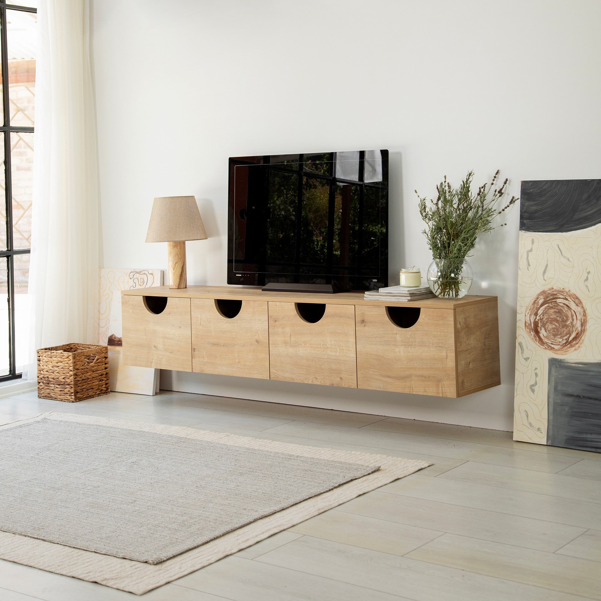 Móvel de TV elegante em carvalho, 180 cm de largura, 35 cm de altura, 35 cm de profundidade | Aglomerado 100% revestido em melamina, 18 mm de espessura | Design moderno, fácil montagem, durável