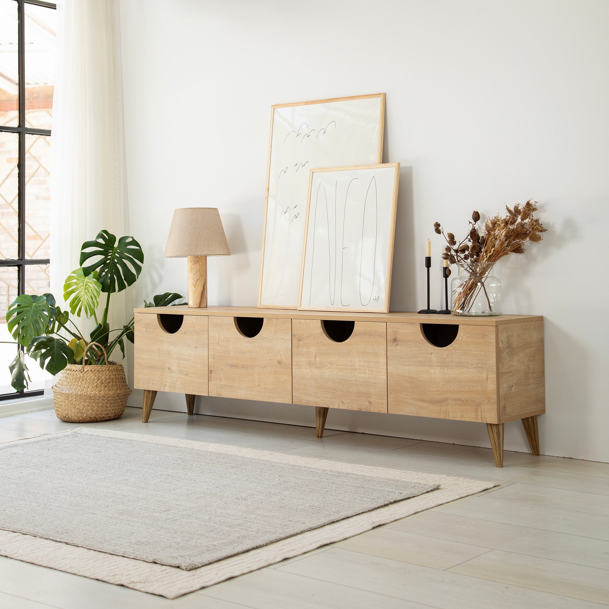 Móvel de TV elegante em carvalho, 180 cm de largura, 50 cm de altura, 35 cm de profundidade | Aglomerado 100% revestido em melamina, 18 mm de espessura | Desmontado para fácil montagem, design moderno