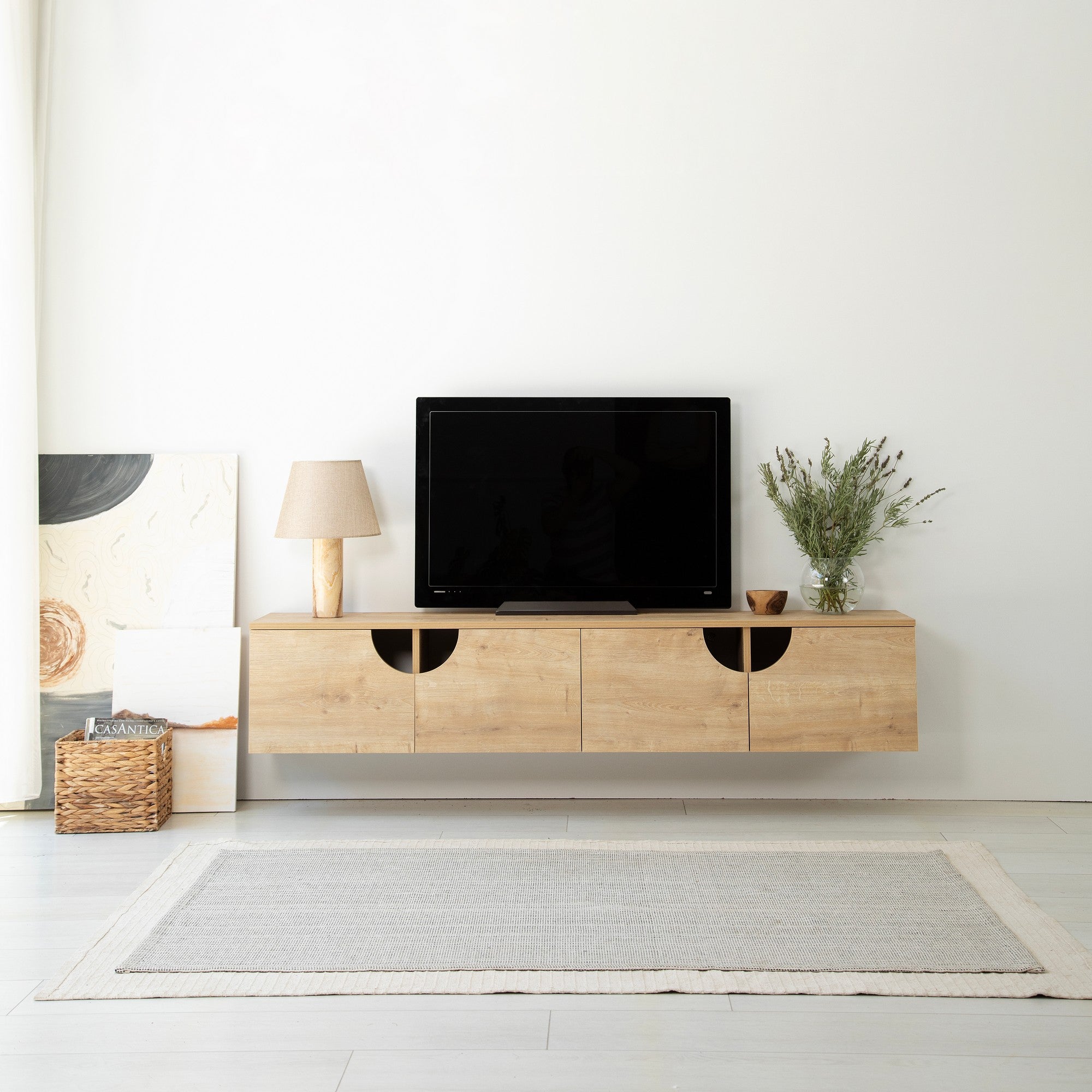 Móvel de TV elegante em carvalho, 180 cm de largura, 35 cm de altura, 35 cm de profundidade | Aglomerado 100% revestido em melamina, 18 mm de espessura | Design moderno, fácil montagem, durável