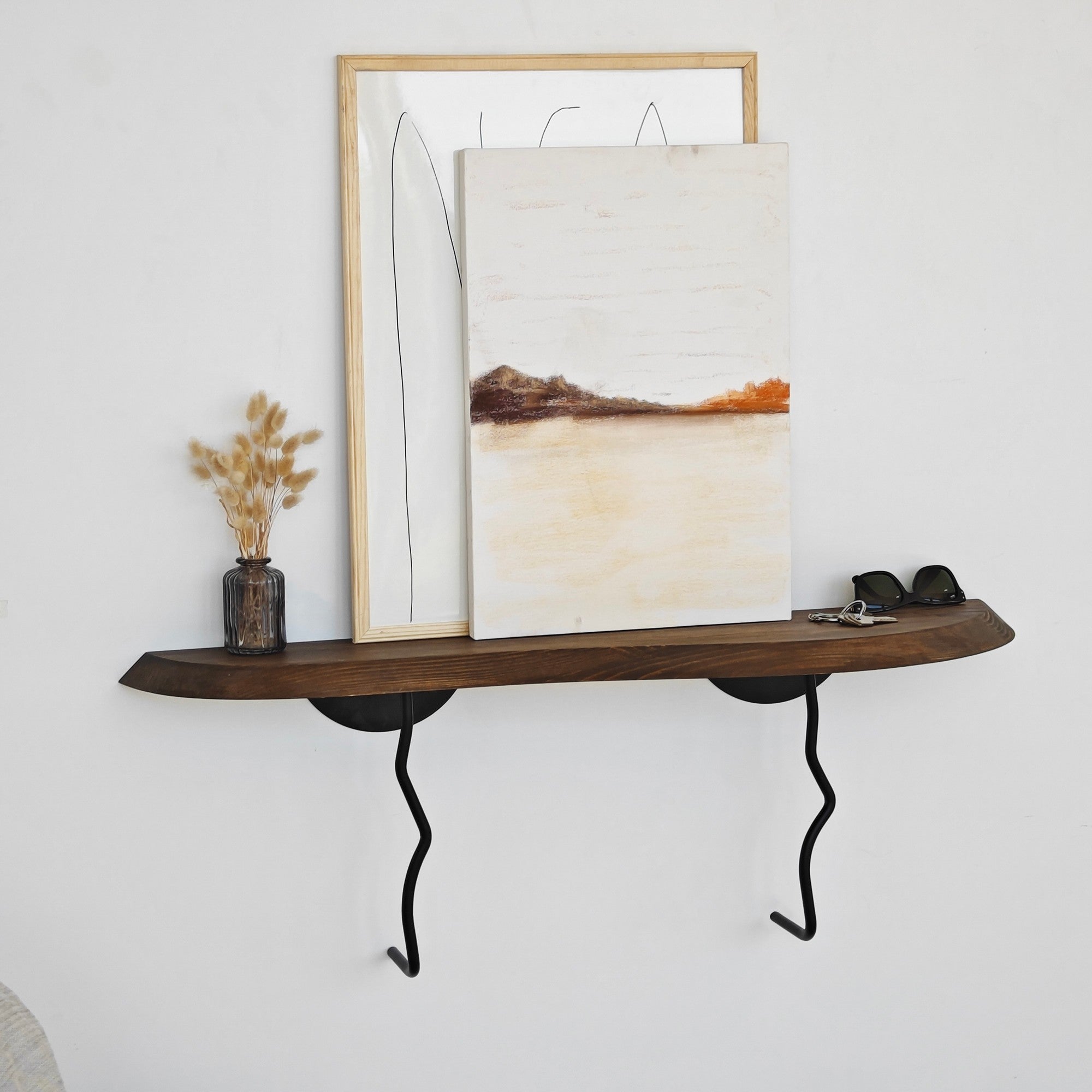 Prateleira de parede estilosa, 99 cm x 22 cm, preta e nogueira | 100% madeira de pinho e estrutura de metal | Perfeita para decoração e organização de casa moderna