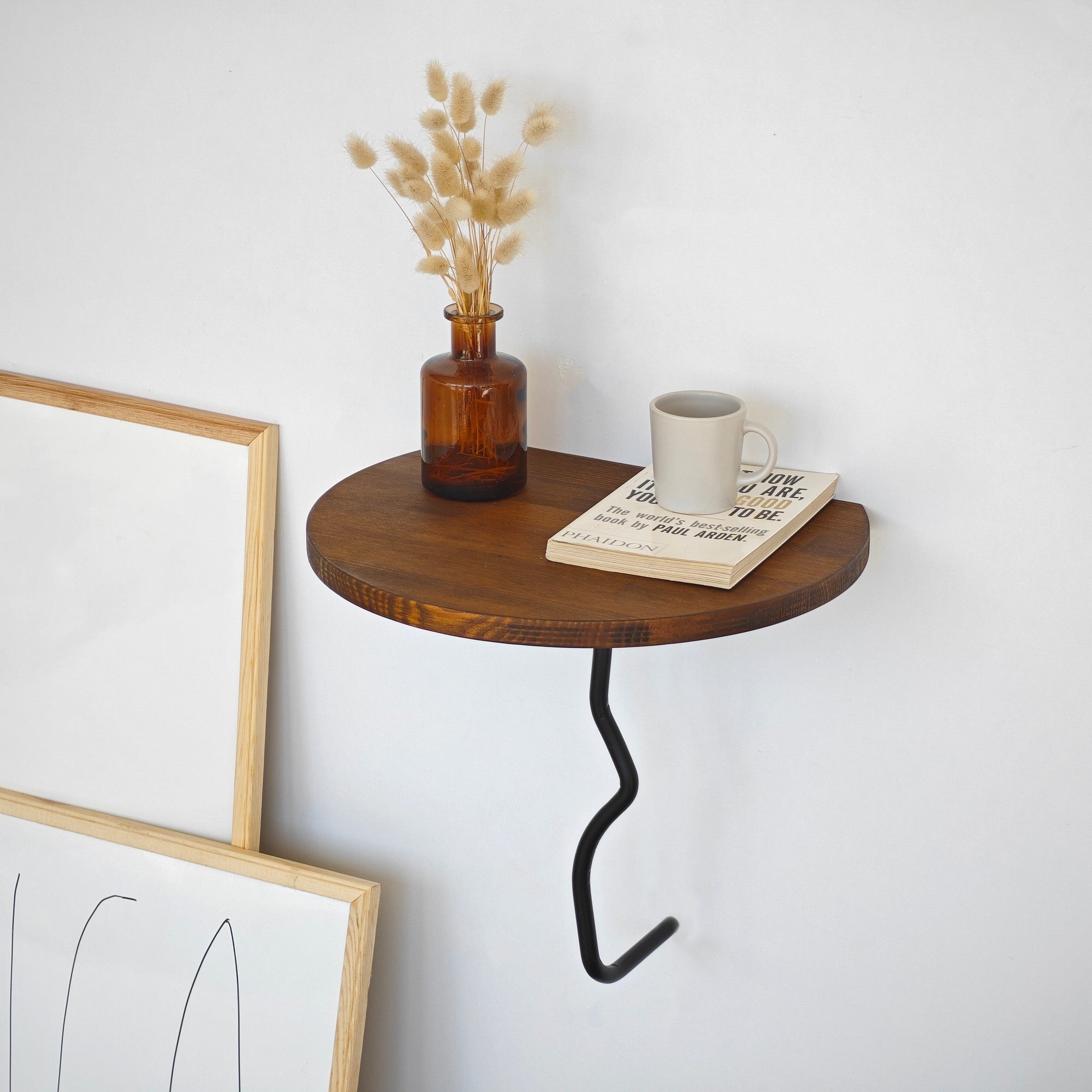 Prateleira de parede estilosa, 35 x 35 cm, 100% madeira de pinho e estrutura de metal, castanho e preto | Perfeita para decoração e organização da casa | Design durável e elegante