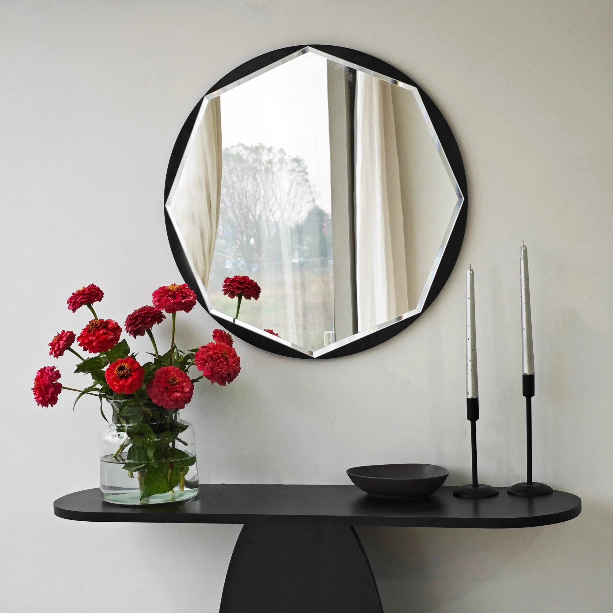 Espelho elegante de parede preto, 60 x 60 cm | Painel de partículas 100% revestido em melamina, cintas de PVC | Design Flotal-E ajustável e ecológico