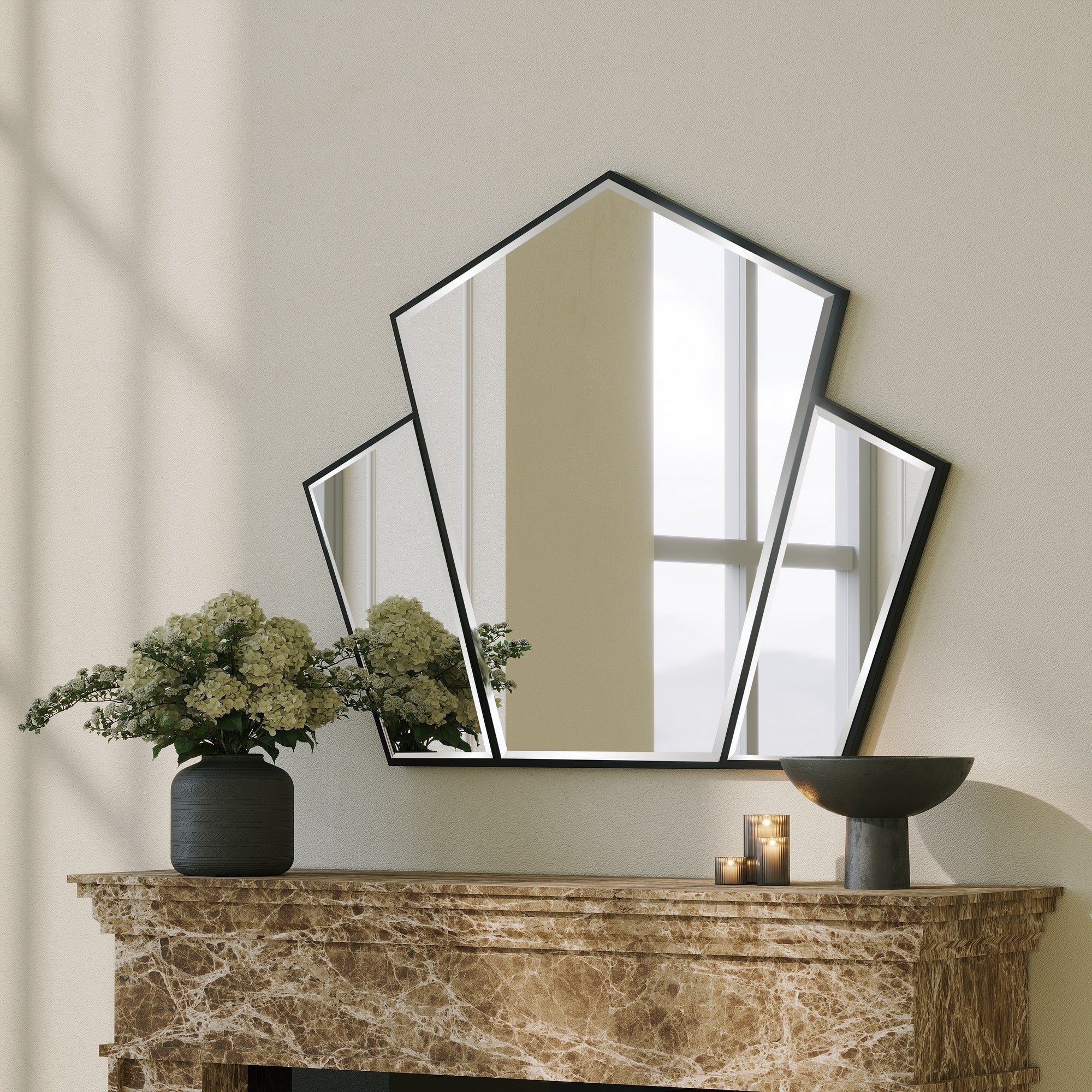 Espelho de parede preto elegante, 95 x 76 cm | Painel de partículas 100% revestido de melamina, cintas de PVC | Design ecológico para espaços modernos