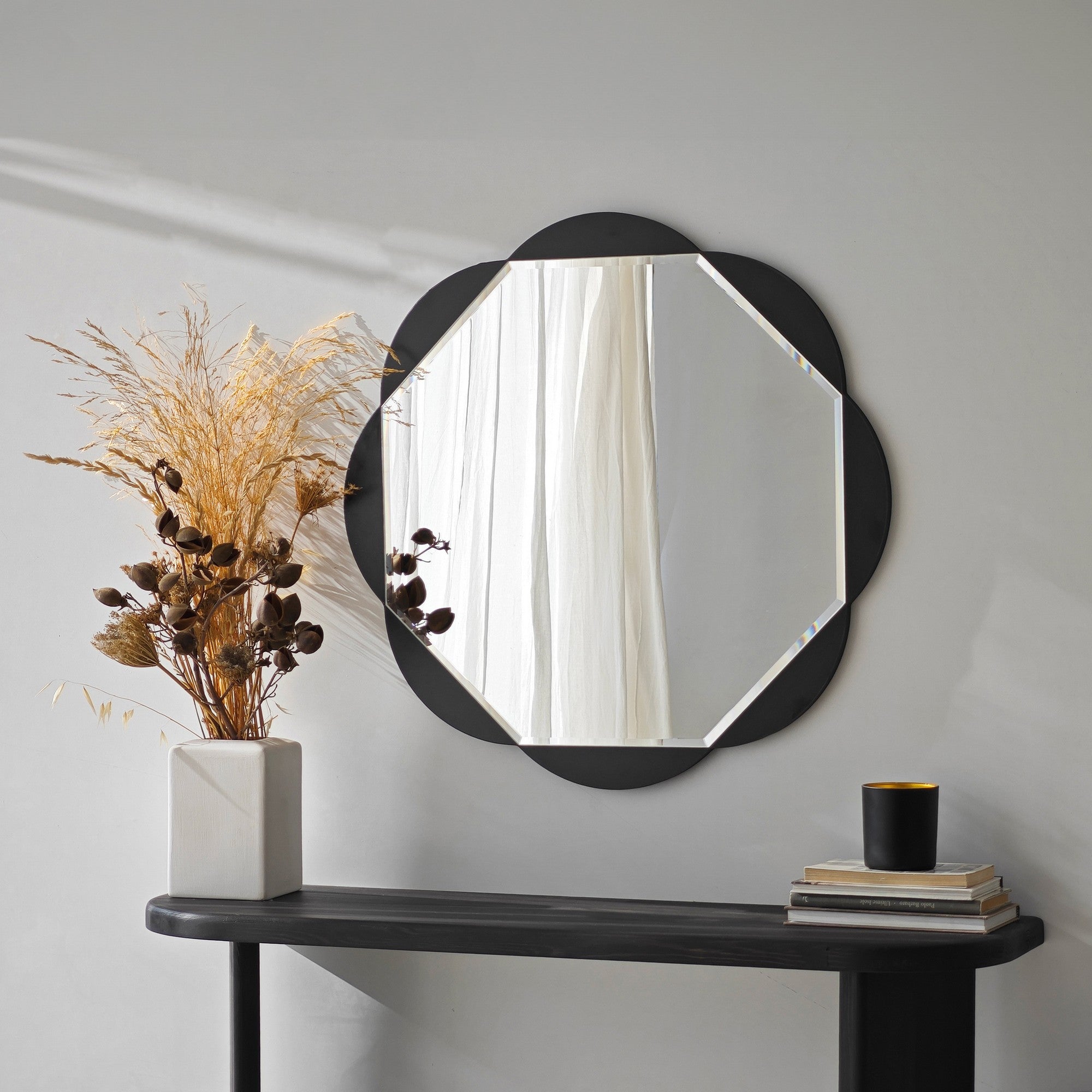 Espelho elegante de parede preto, 65 x 65 cm | Painel de partículas 100% revestido em melamina, cintas de PVC | Design ajustável e ecológico para espaços modernos