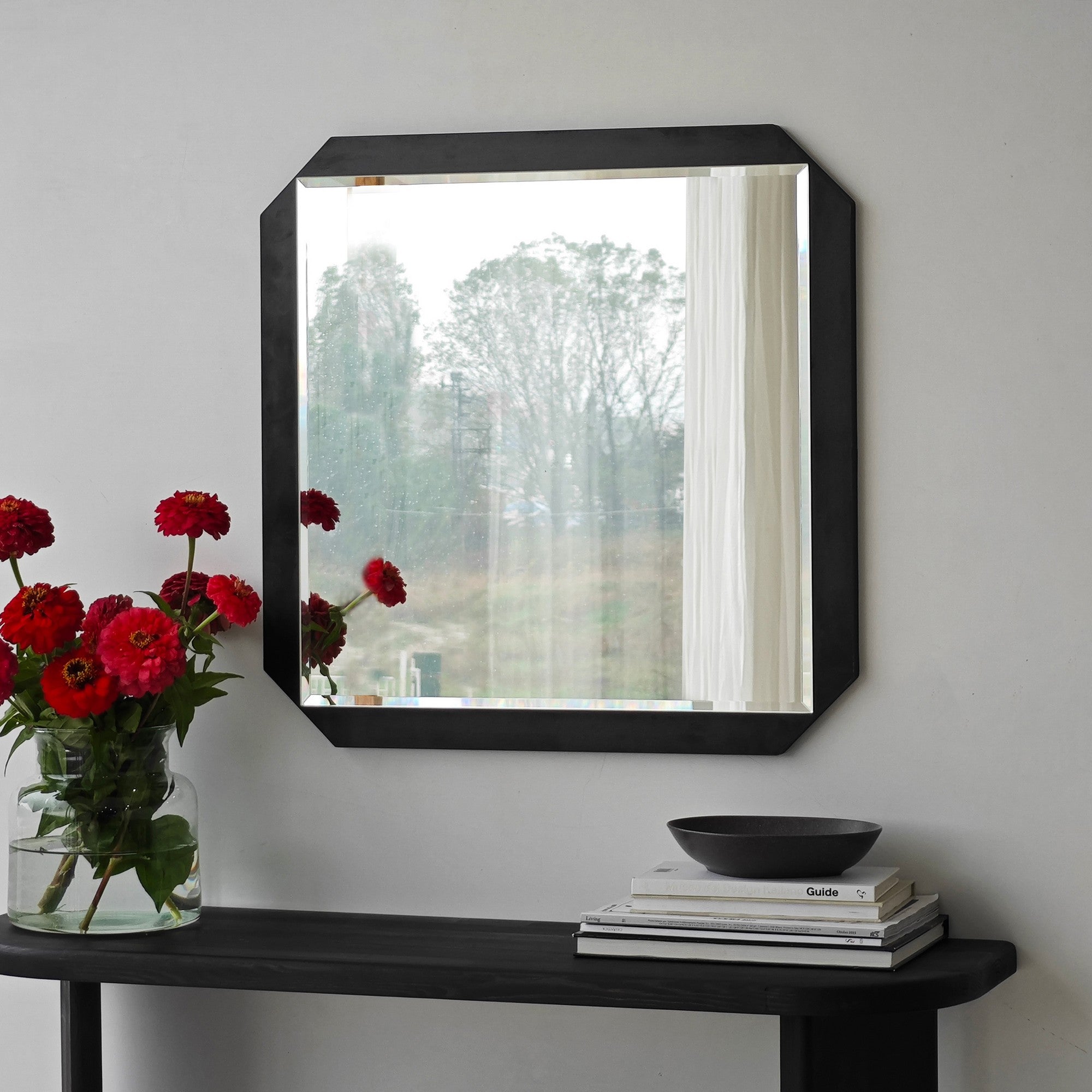 Espelho elegante de parede preto, 70 x 70 cm | Painel de partículas 100% revestido em melamina, cintas de PVC | Design ajustável e ecológico para espaços modernos