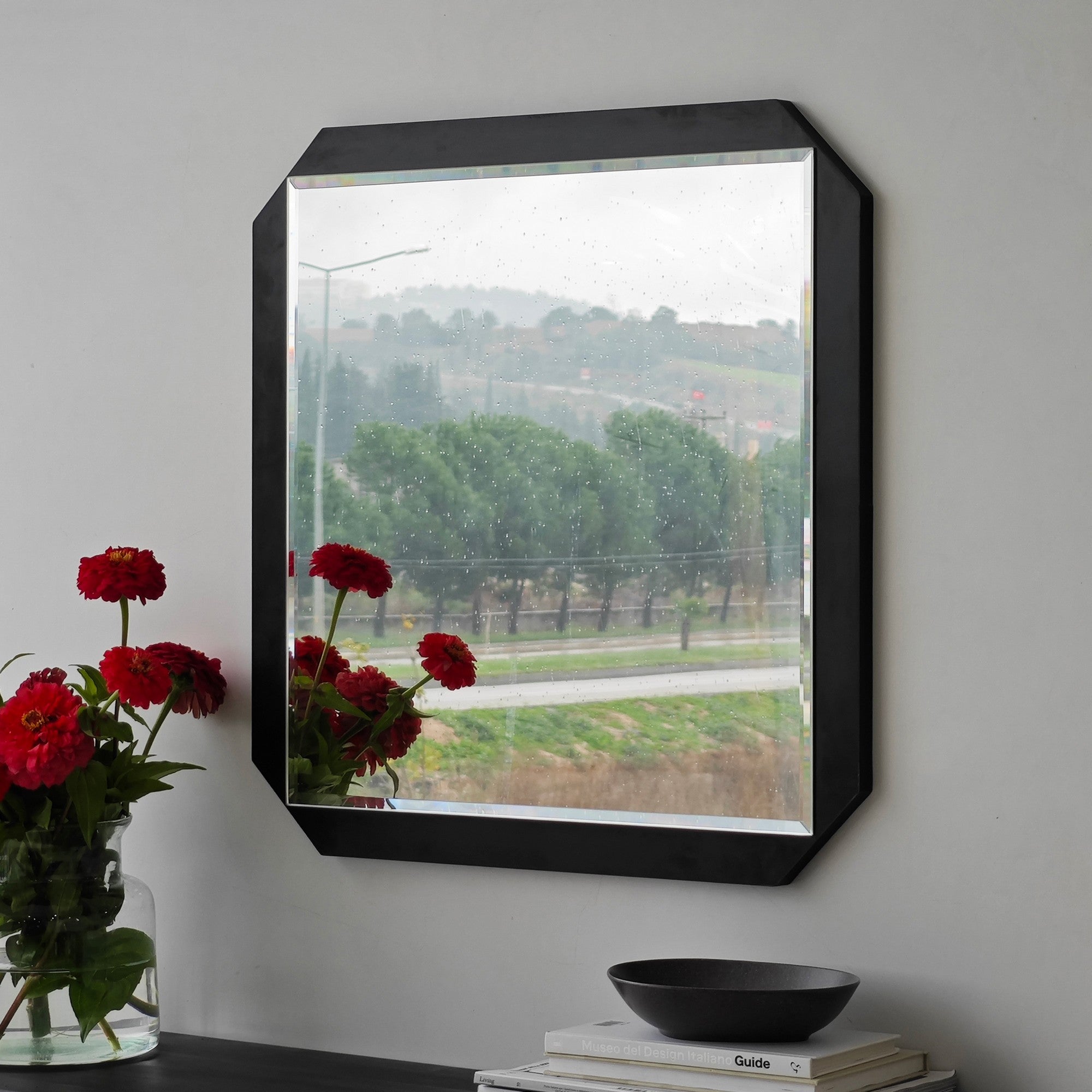 Espelho elegante de parede preto, 70 x 70 cm | Painel de partículas 100% revestido em melamina, cintas de PVC | Design ajustável e ecológico para espaços modernos