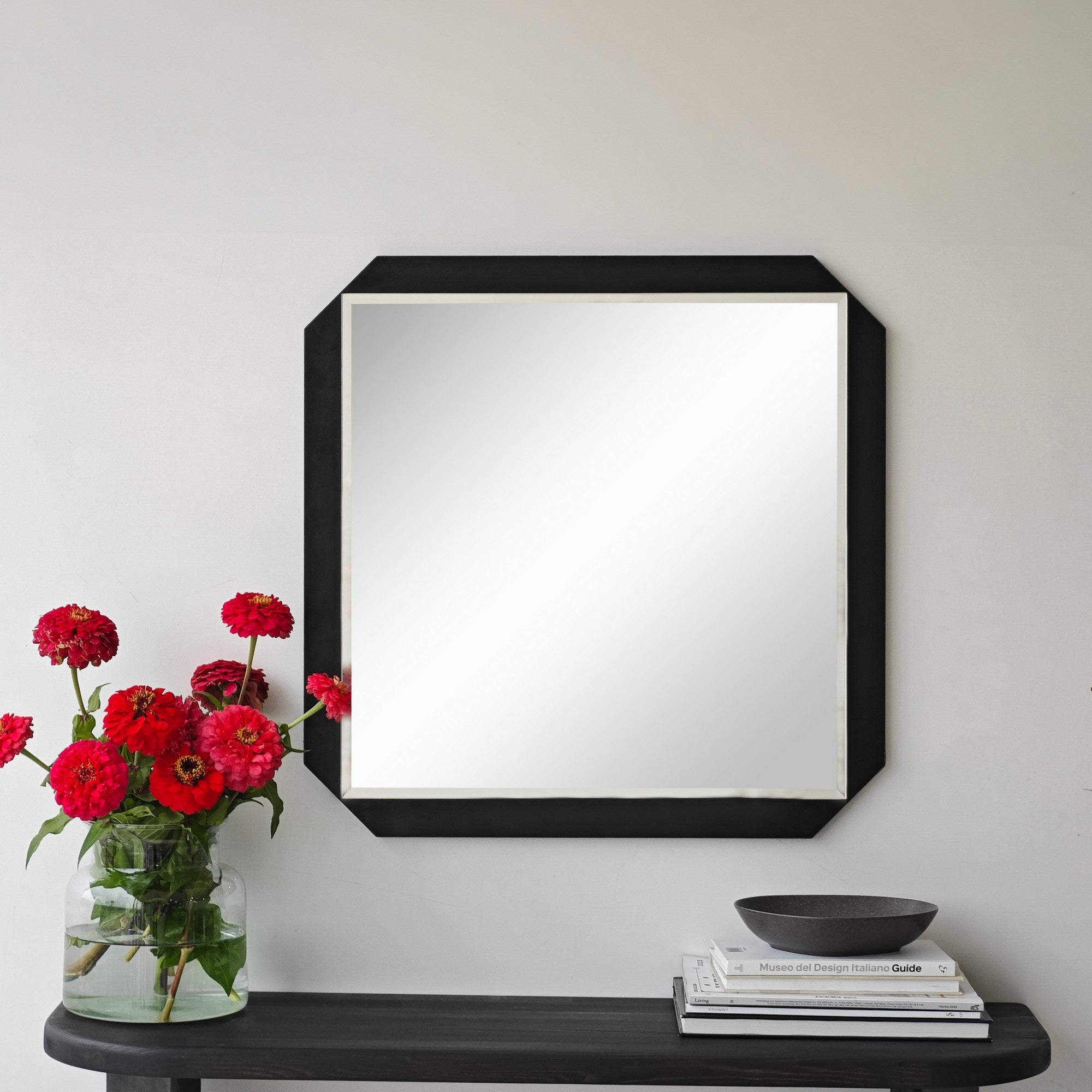 Espelho elegante de parede preto, 70 x 70 cm | Painel de partículas 100% revestido em melamina, cintas de PVC | Design ajustável e ecológico para espaços modernos