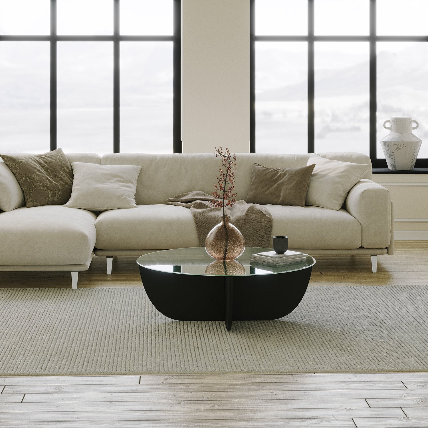 Mesa de Centro Preta Elegante, 90 x 30 x 90 cm | Tampo 100% Vidro Temperado, Estrutura 100% Aglomerado Revestido em Melamina | Cintas de PVC Duráveis, Design Moderno