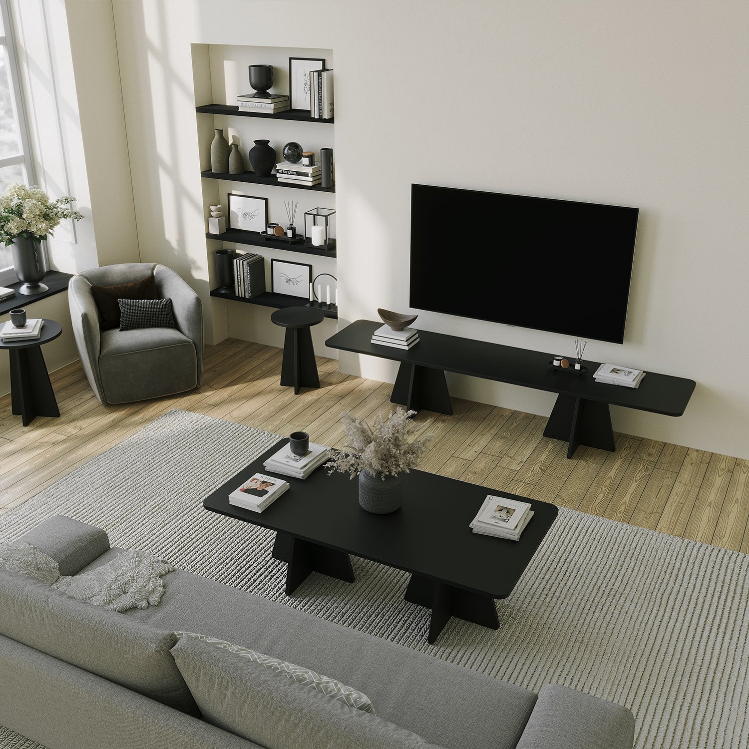Móvel de TV elegante em preto, 180 cm de largura, 40 cm de altura, 42 cm de profundidade | Painel de partículas 100% revestido em melamina, 18 mm de espessura | Cintas de PVC duráveis, design moderno