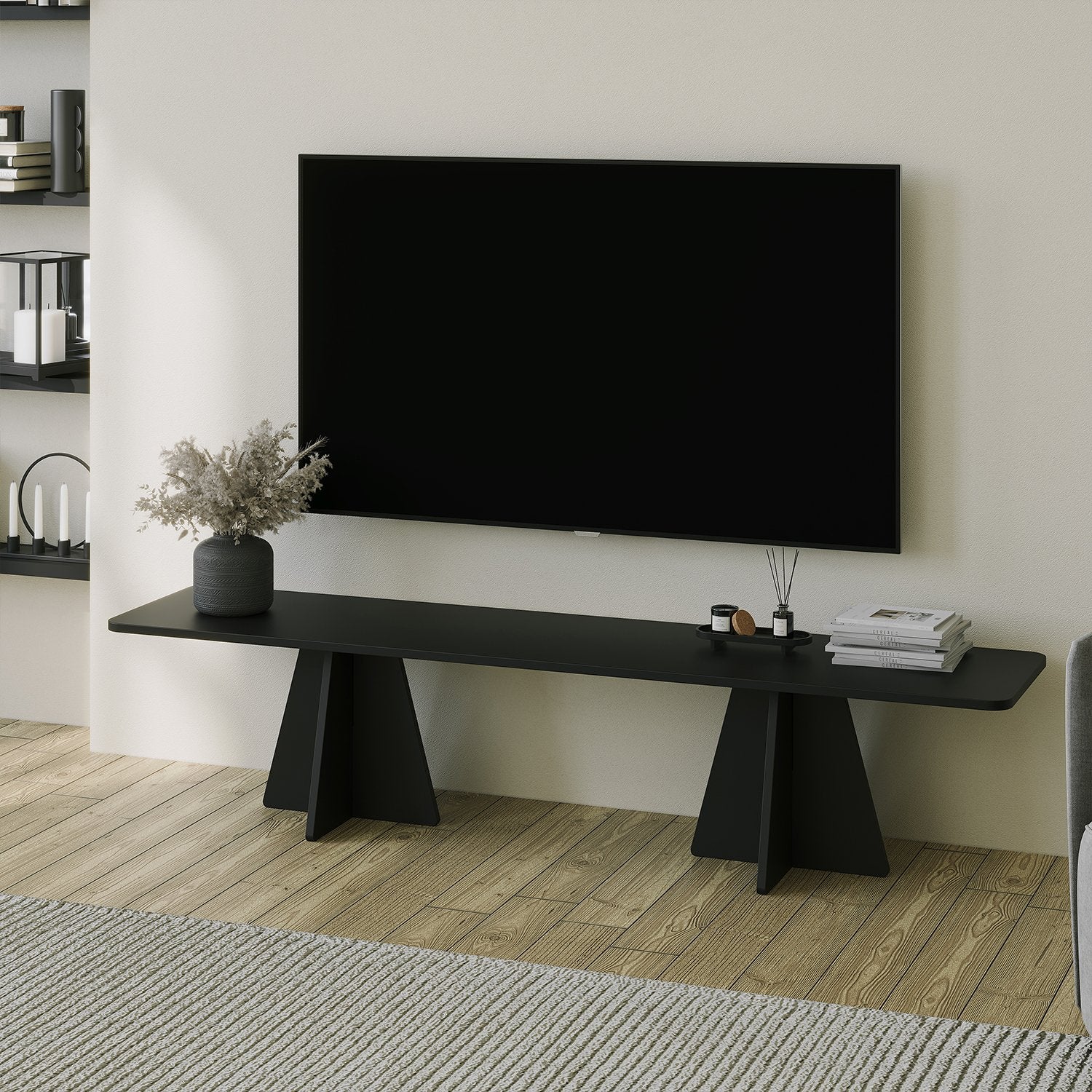 Móvel de TV elegante em preto, 180 cm de largura, 40 cm de altura, 42 cm de profundidade | Painel de partículas 100% revestido em melamina, 18 mm de espessura | Cintas de PVC duráveis, design moderno