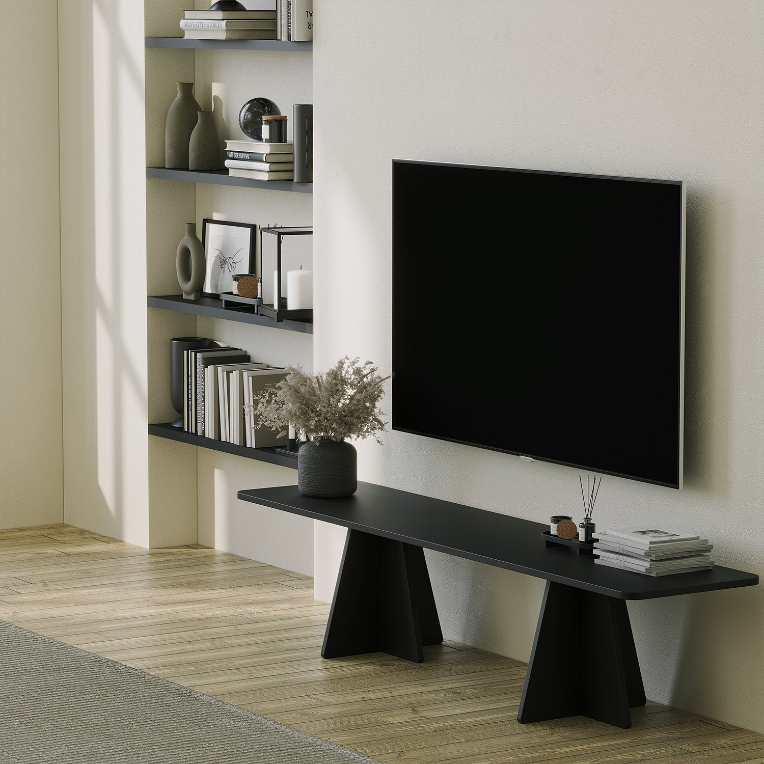 Móvel de TV elegante em preto, 180 cm de largura, 40 cm de altura, 42 cm de profundidade | Painel de partículas 100% revestido em melamina, 18 mm de espessura | Cintas de PVC duráveis, design moderno