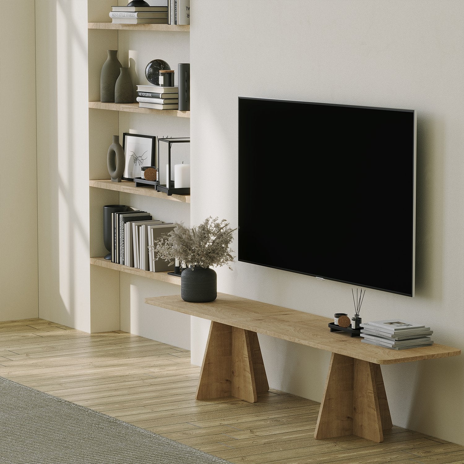 Móvel de TV em carvalho safira, 180 cm de largura, 40 cm de altura, 42 cm de profundidade | Painel de partículas 100% revestido em melamina, 18 mm de espessura | Elegante e funcional para salas de estar modernas