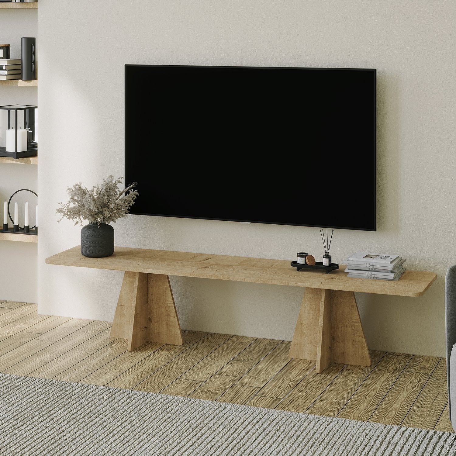 Móvel de TV em carvalho safira, 180 cm de largura, 40 cm de altura, 42 cm de profundidade | Painel de partículas 100% revestido em melamina, 18 mm de espessura | Elegante e funcional para salas de estar modernas