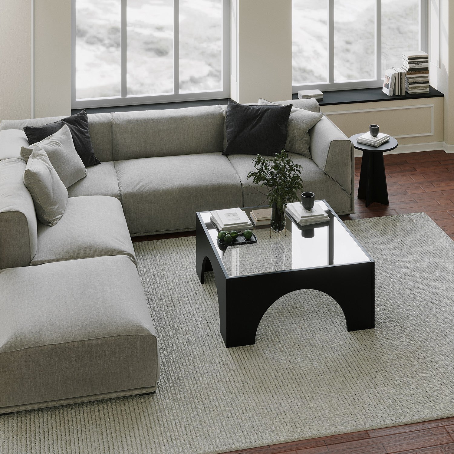 Mesa de Centro Elegante, 80 x 35 x 80 cm | 100% Vidro Temperado e Aglomerado Revestido em Melamina | Preta e Transparente | Desmontada, Design Moderno para Sala de Estar