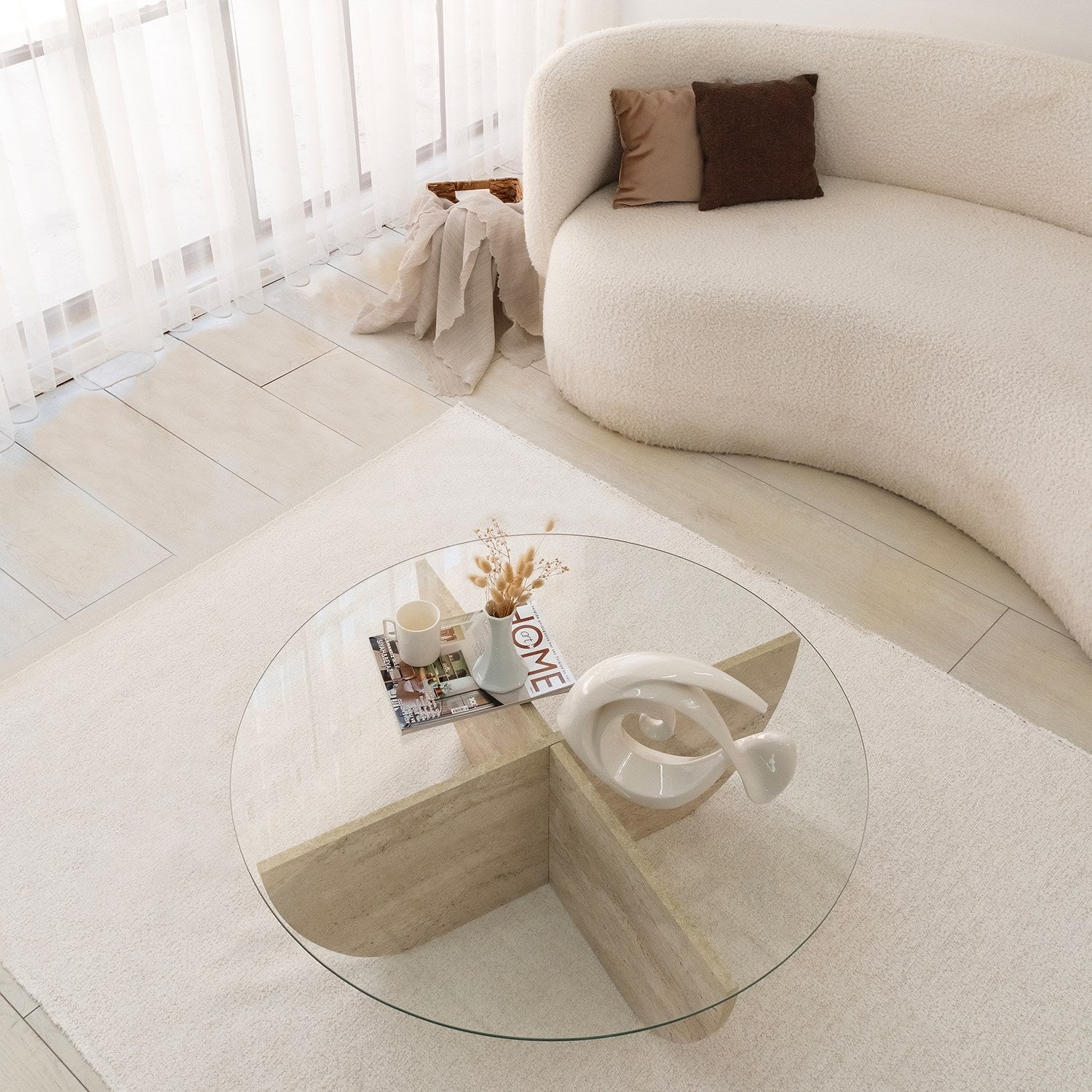 Mesa de Centro Elegante com Tampo 100% Vidro e Base Revestida em Melamina, 90 cm de Diâmetro e 30 cm de Altura | Design Elegante em Mármore Travertino para Espaços Modernos