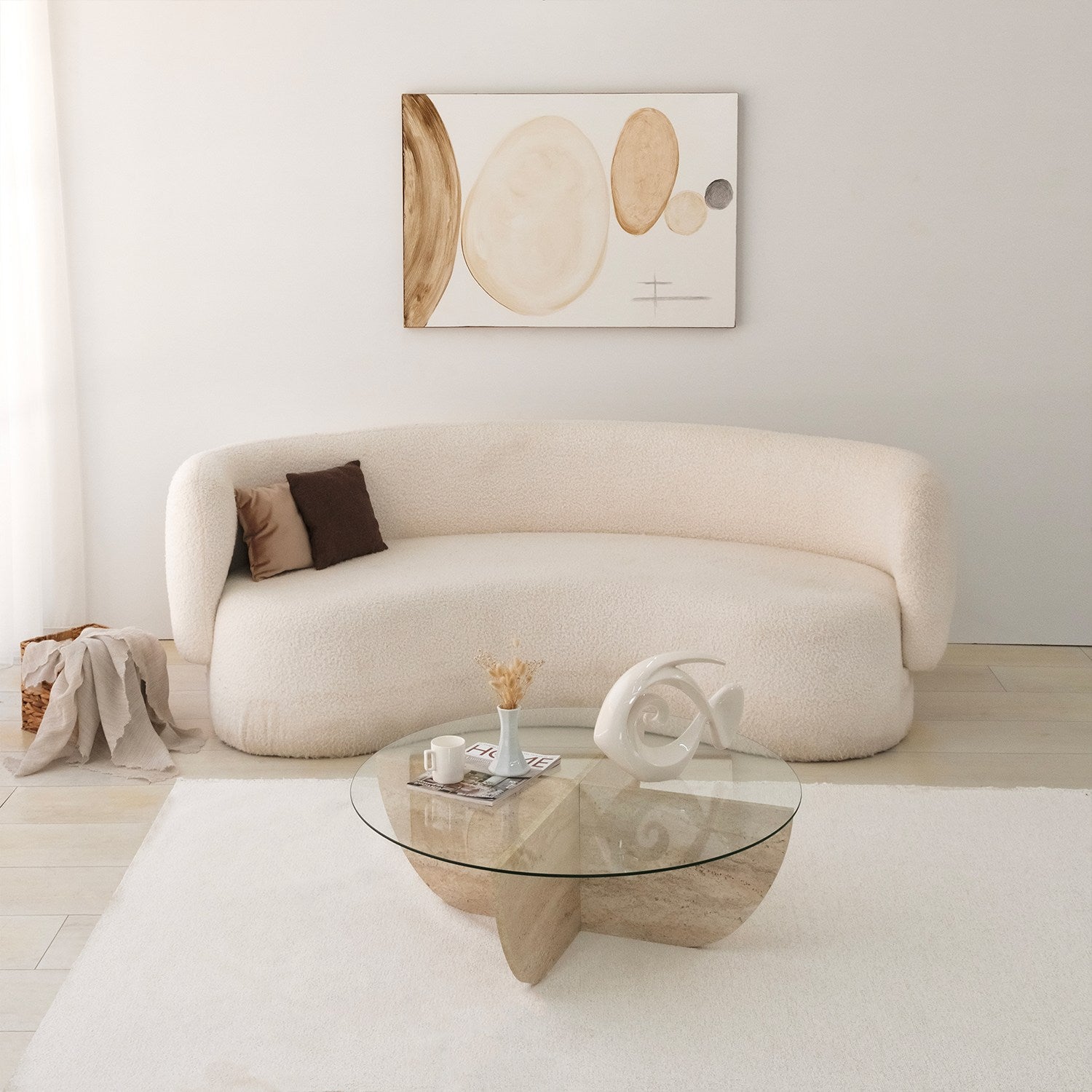 Mesa de Centro Elegante com Tampo 100% Vidro e Base Revestida em Melamina, 90 cm de Diâmetro e 30 cm de Altura | Design Elegante em Mármore Travertino para Espaços Modernos