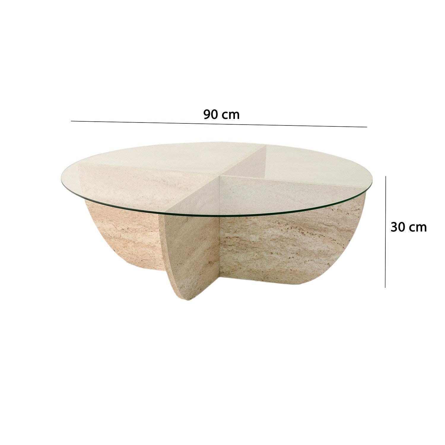 Mesa de Centro Elegante com Tampo 100% Vidro e Base Revestida em Melamina, 90 cm de Diâmetro e 30 cm de Altura | Design Elegante em Mármore Travertino para Espaços Modernos