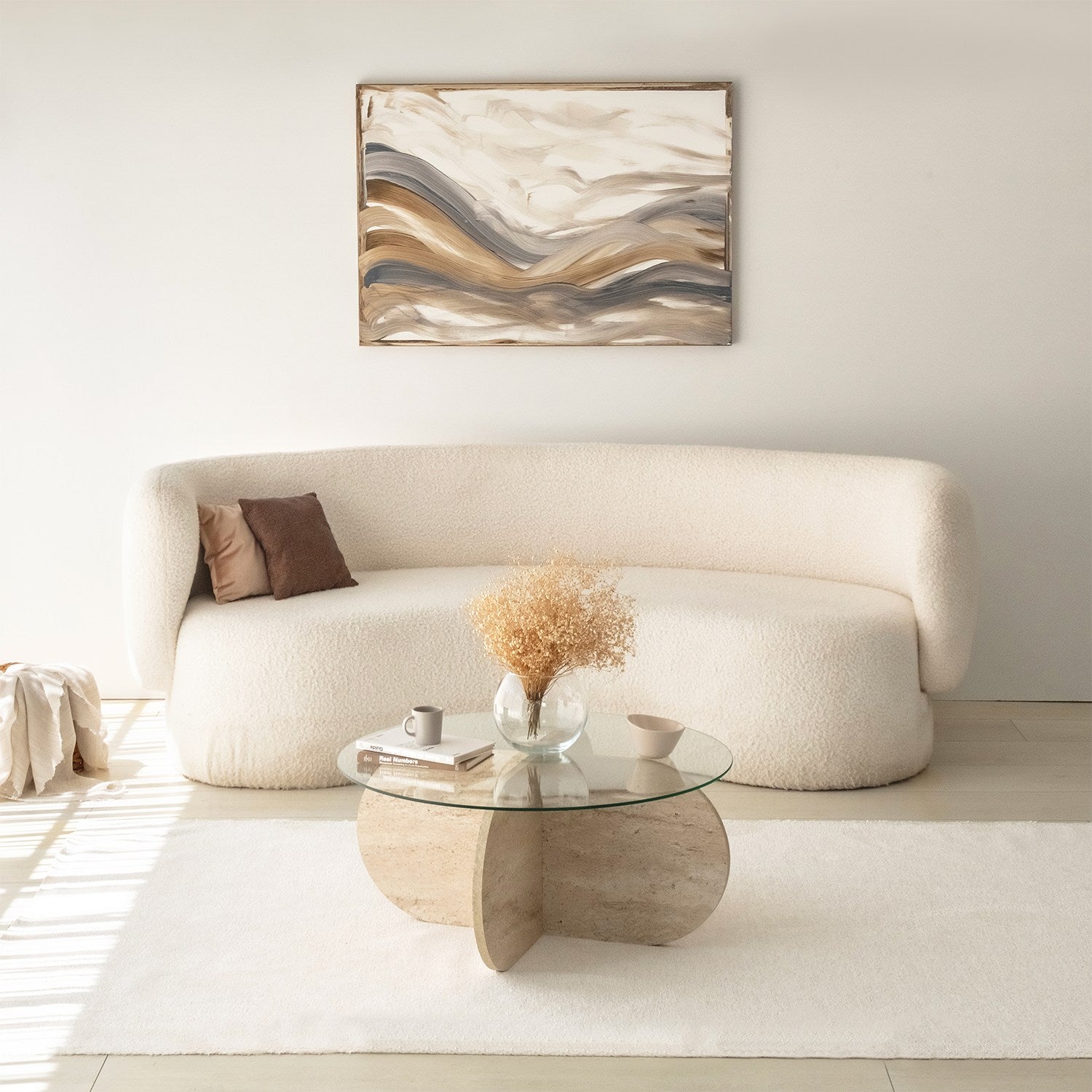 Mesa de Centro Elegante, 75 cm de Diâmetro, 35 cm de Altura | Tampo 100% Vidro e Base em Aglomerado de Madeira Revestida com Melamina | Design Elegante em Mármore Travertino para Espaços Modernos