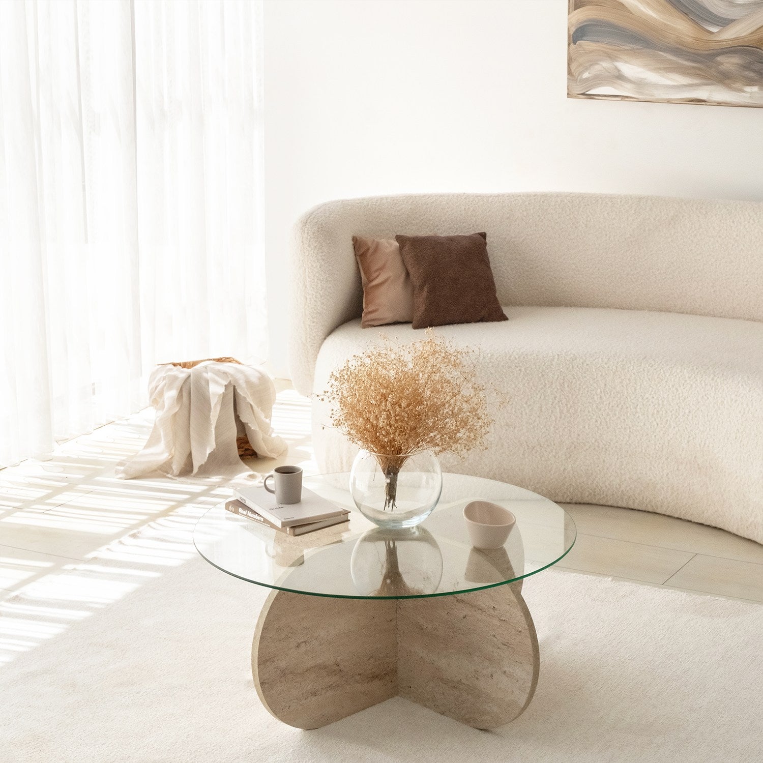 Mesa de Centro Elegante, 75 cm de Diâmetro, 35 cm de Altura | Tampo 100% Vidro e Base em Aglomerado de Madeira Revestida com Melamina | Design Elegante em Mármore Travertino para Espaços Modernos