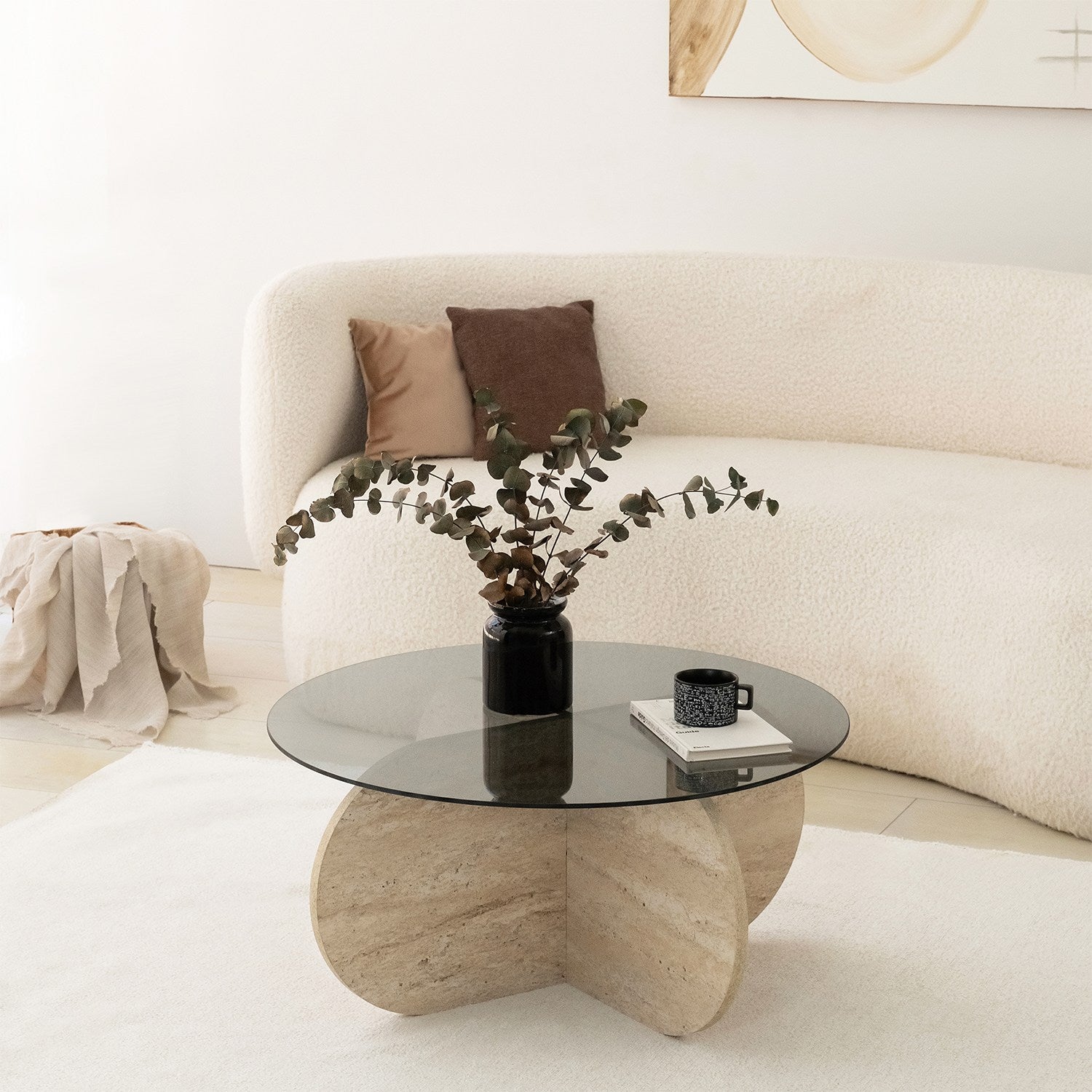 Mesa de Centro Elegante com Tampo 100% Vidro e Base Revestida em Melamina, 75 cm de Diâmetro, 35 cm de Altura | Cores Elegantes em Travertino e Fumê | Design Moderno em Mármore