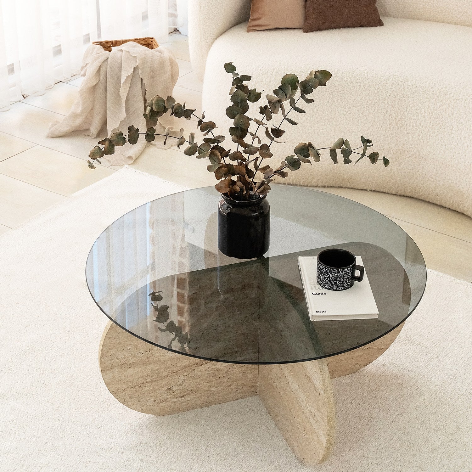 Mesa de Centro Elegante com Tampo 100% Vidro e Base Revestida em Melamina, 75 cm de Diâmetro, 35 cm de Altura | Cores Elegantes em Travertino e Fumê | Design Moderno em Mármore