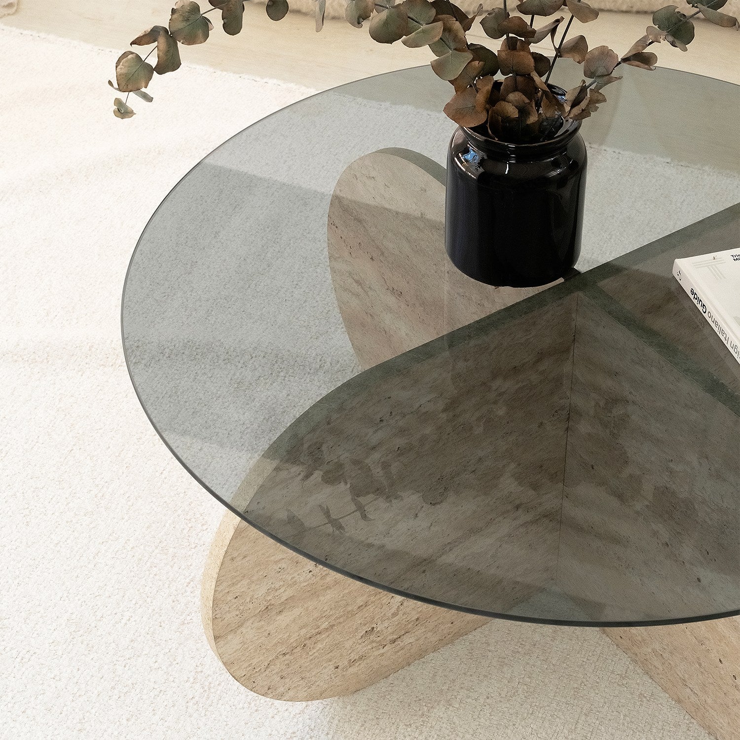 Mesa de Centro Elegante com Tampo 100% Vidro e Base Revestida em Melamina, 75 cm de Diâmetro, 35 cm de Altura | Cores Elegantes em Travertino e Fumê | Design Moderno em Mármore