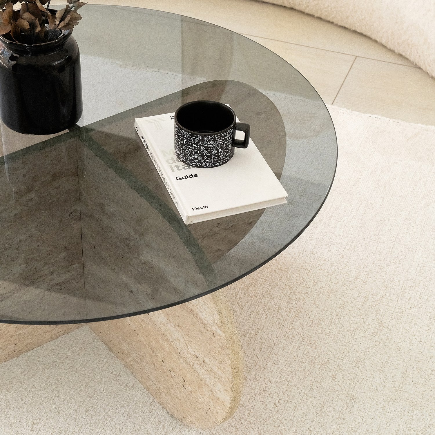 Mesa de Centro Elegante com Tampo 100% Vidro e Base Revestida em Melamina, 75 cm de Diâmetro, 35 cm de Altura | Cores Elegantes em Travertino e Fumê | Design Moderno em Mármore