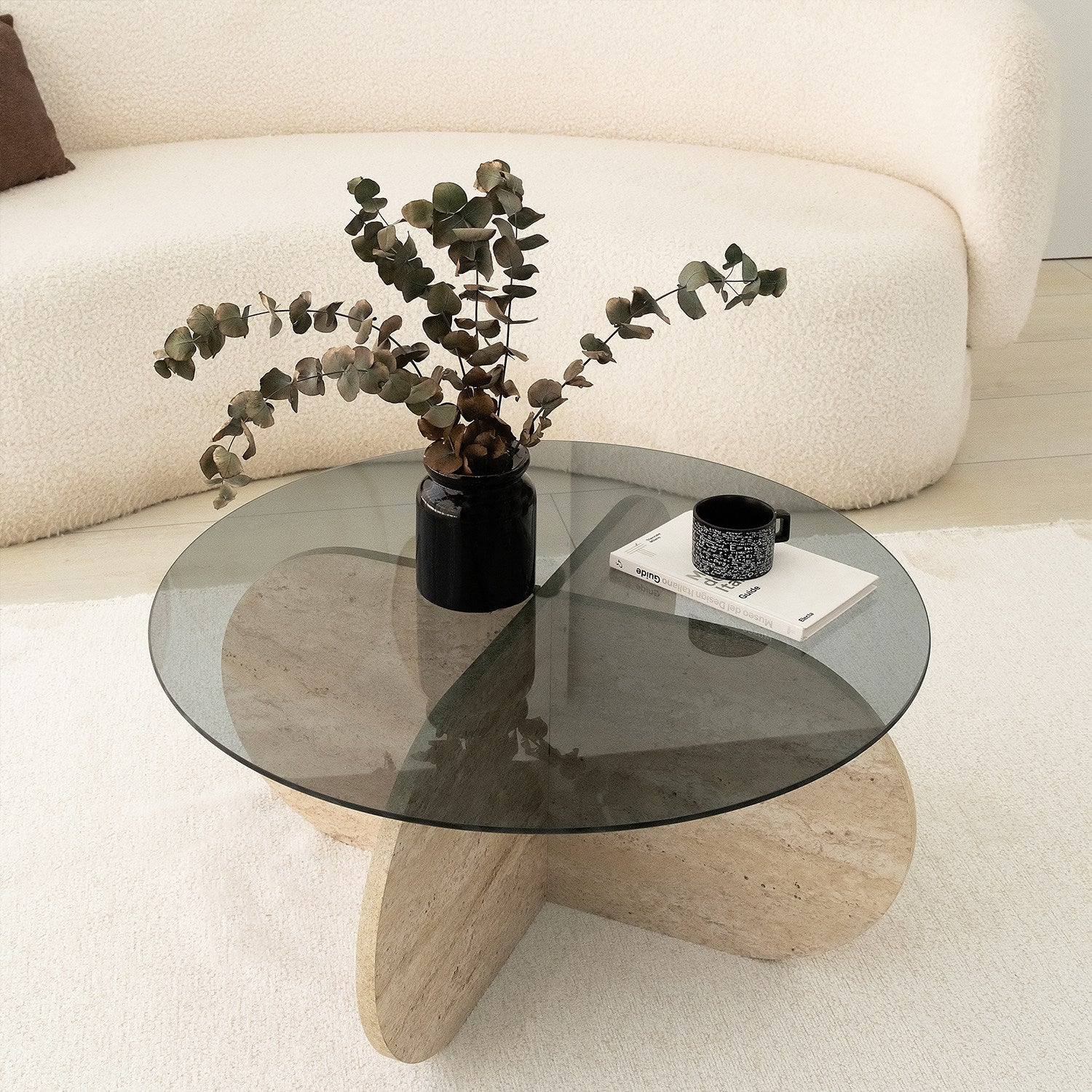 Mesa de Centro Elegante com Tampo 100% Vidro e Base Revestida em Melamina, 75 cm de Diâmetro, 35 cm de Altura | Cores Elegantes em Travertino e Fumê | Design Moderno em Mármore
